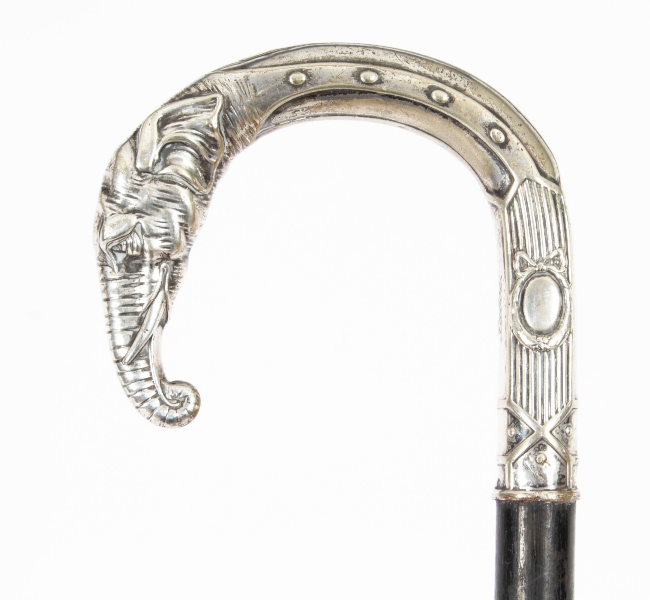 Art Nouveau Antique French Art Noveau Silver Elephant Walking Cane Stick 19th Century