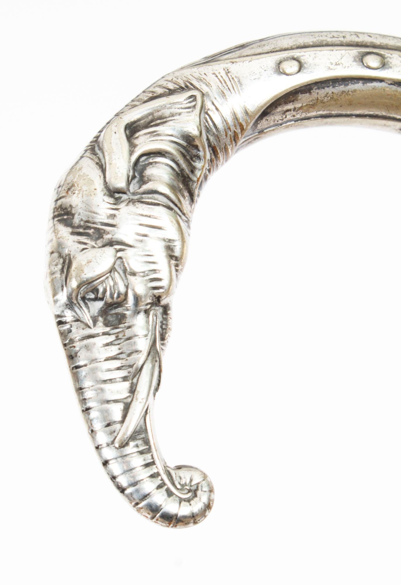 Late 19th Century Antique French Art Noveau Silver Elephant Walking Cane Stick 19th Century