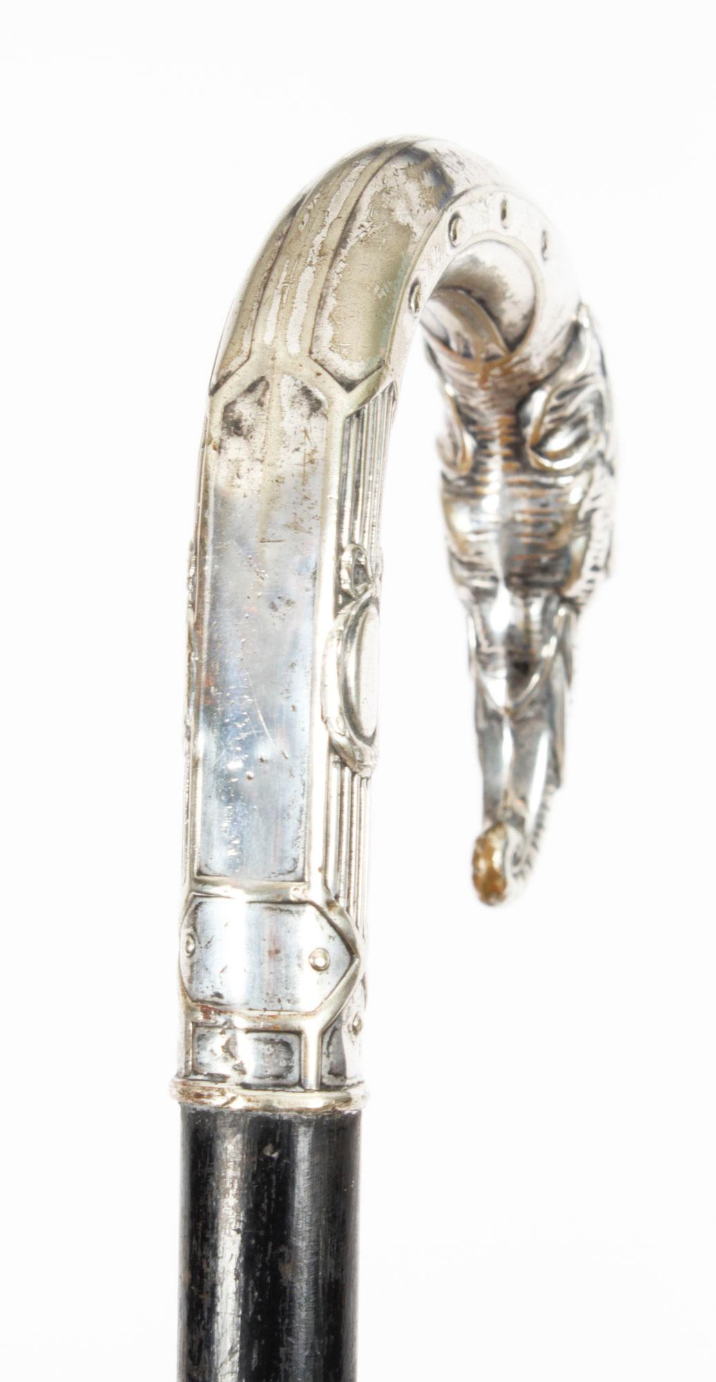 Antique French Art Noveau Silver Elephant Walking Cane Stick 19th Century 3
