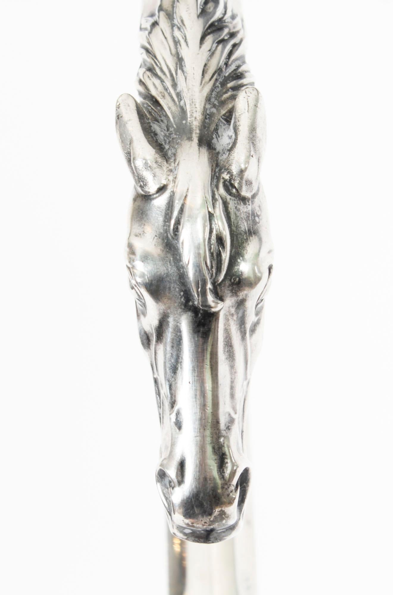 Late 19th Century Antique French Art Noveau Silver Horse Ebonized Walking Cane Stick Late 19th C