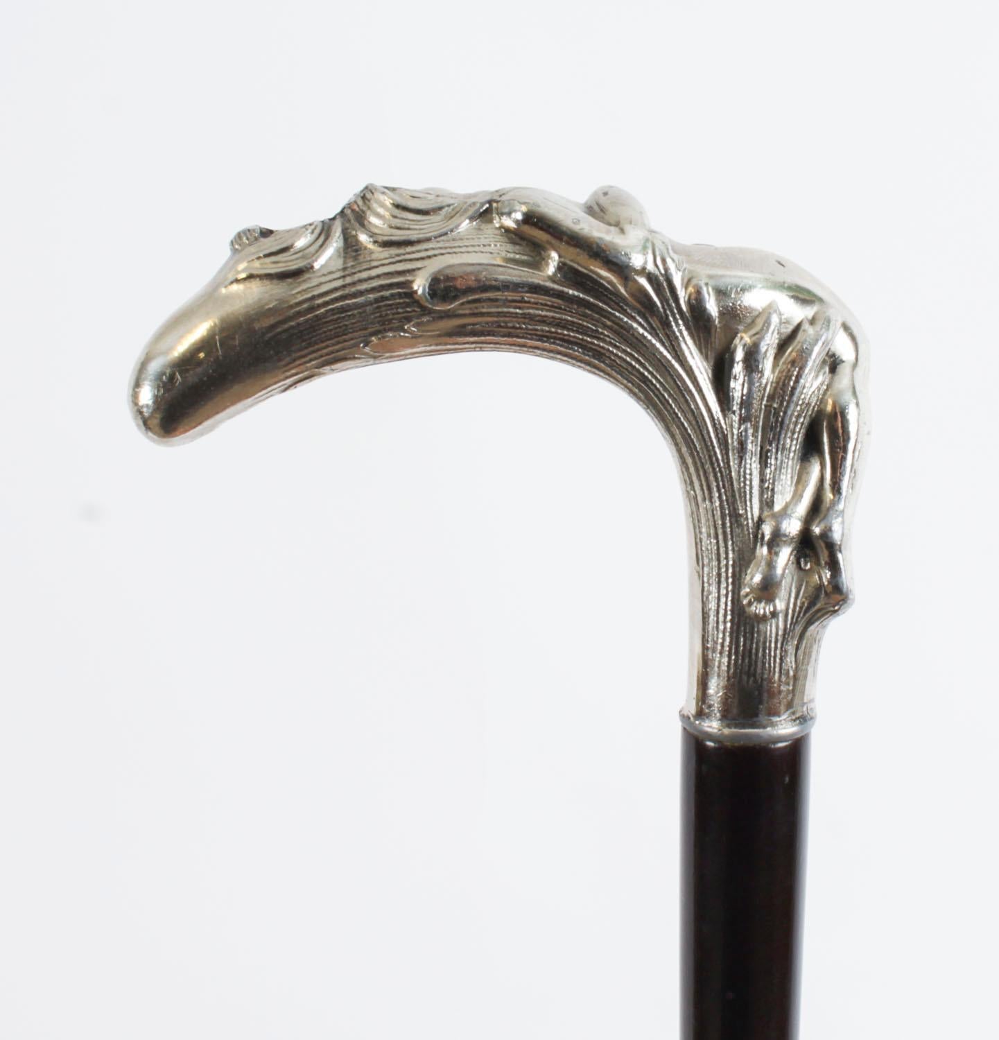 Art Nouveau Antique French Art Noveau Silver Walking Cane Stick 19th Century 93cm/36.6inches