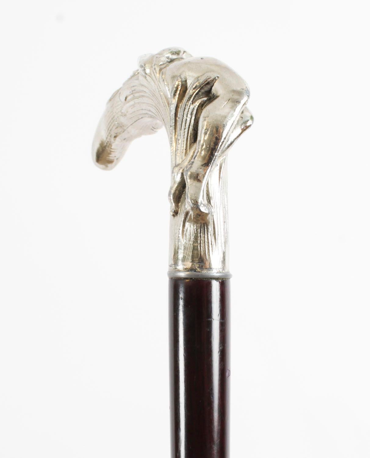 Ebonized Antique French Art Noveau Silver Walking Cane Stick 19th Century 93cm/36.6inches