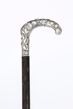 Antique French Art Noveau Silver Walking Cane Stick, 19th Century