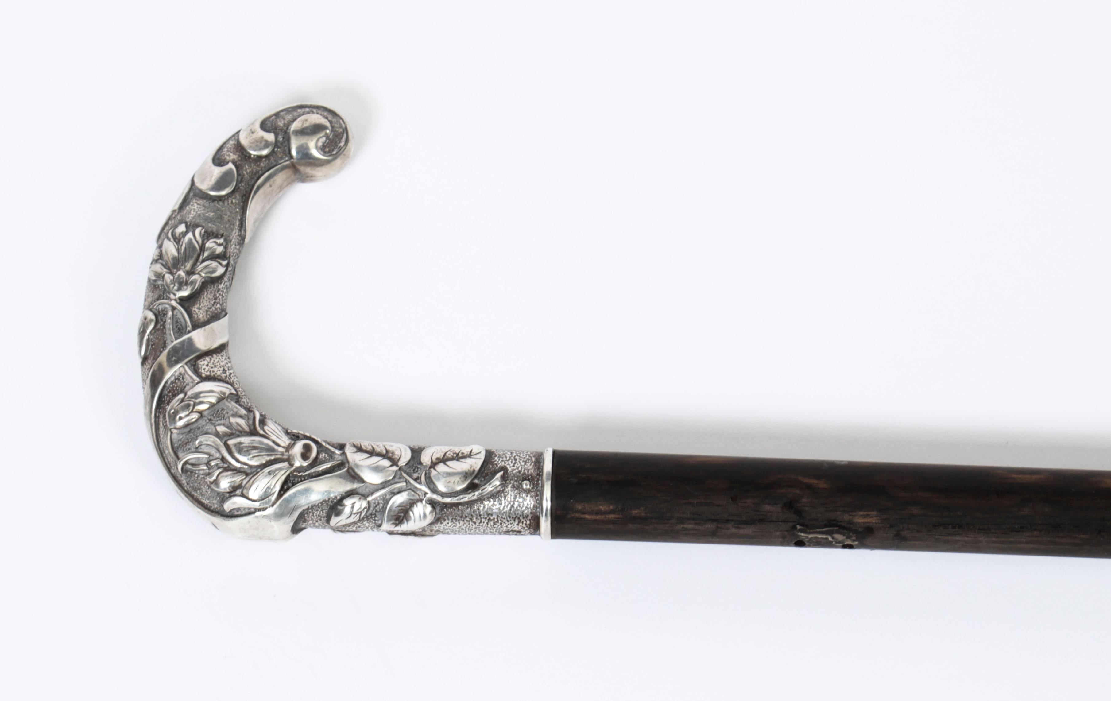 Ebonized Antique French Art Noveau Silver Walking Cane Stick, 19th Century
