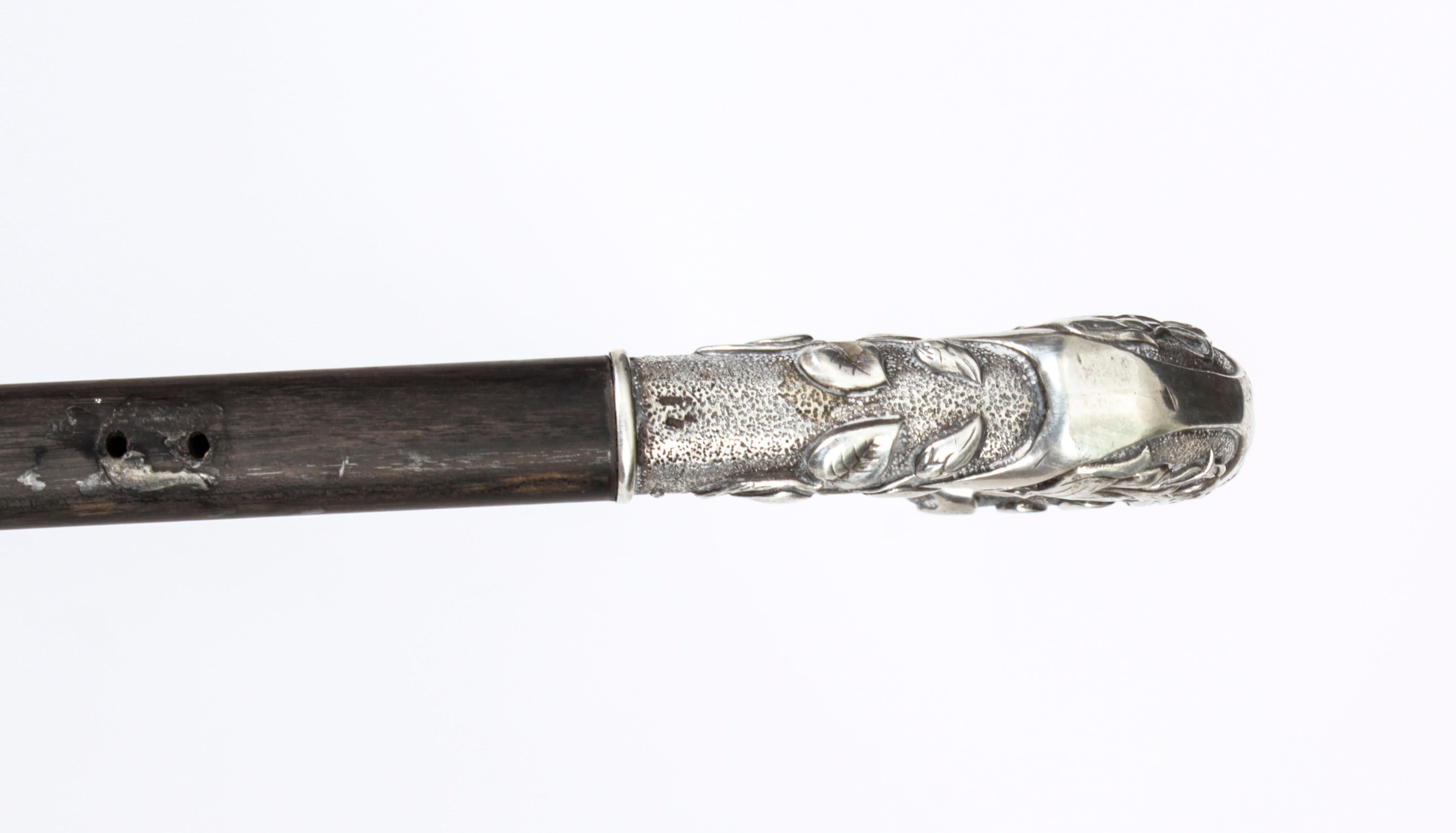 Antique French Art Noveau Silver Walking Cane Stick, 19th Century 1