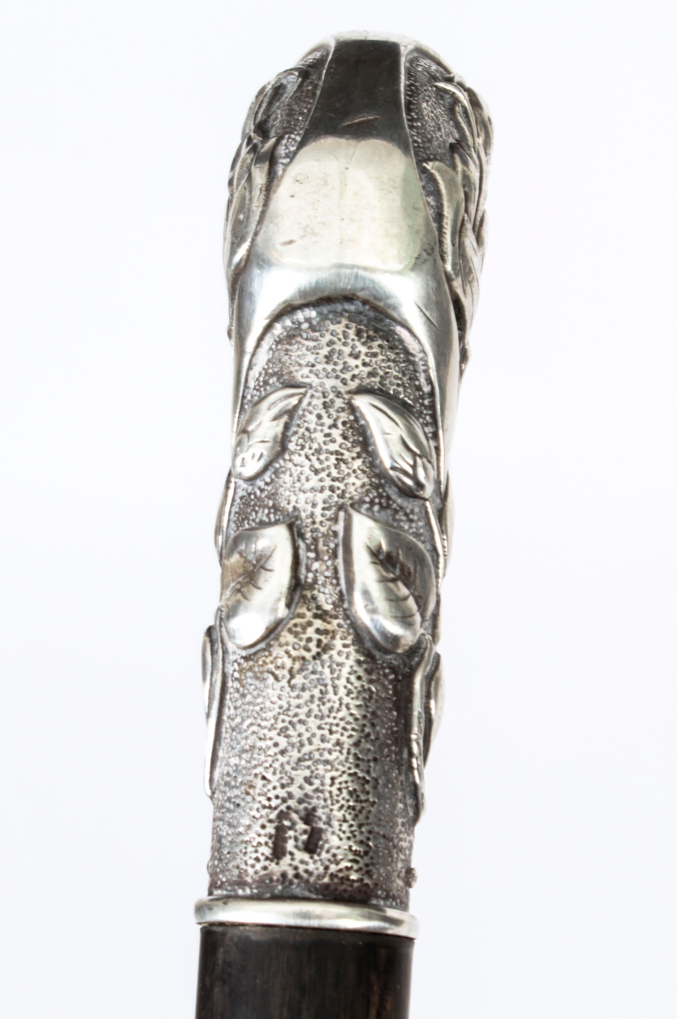 Antique French Art Noveau Silver Walking Cane Stick, 19th Century 2