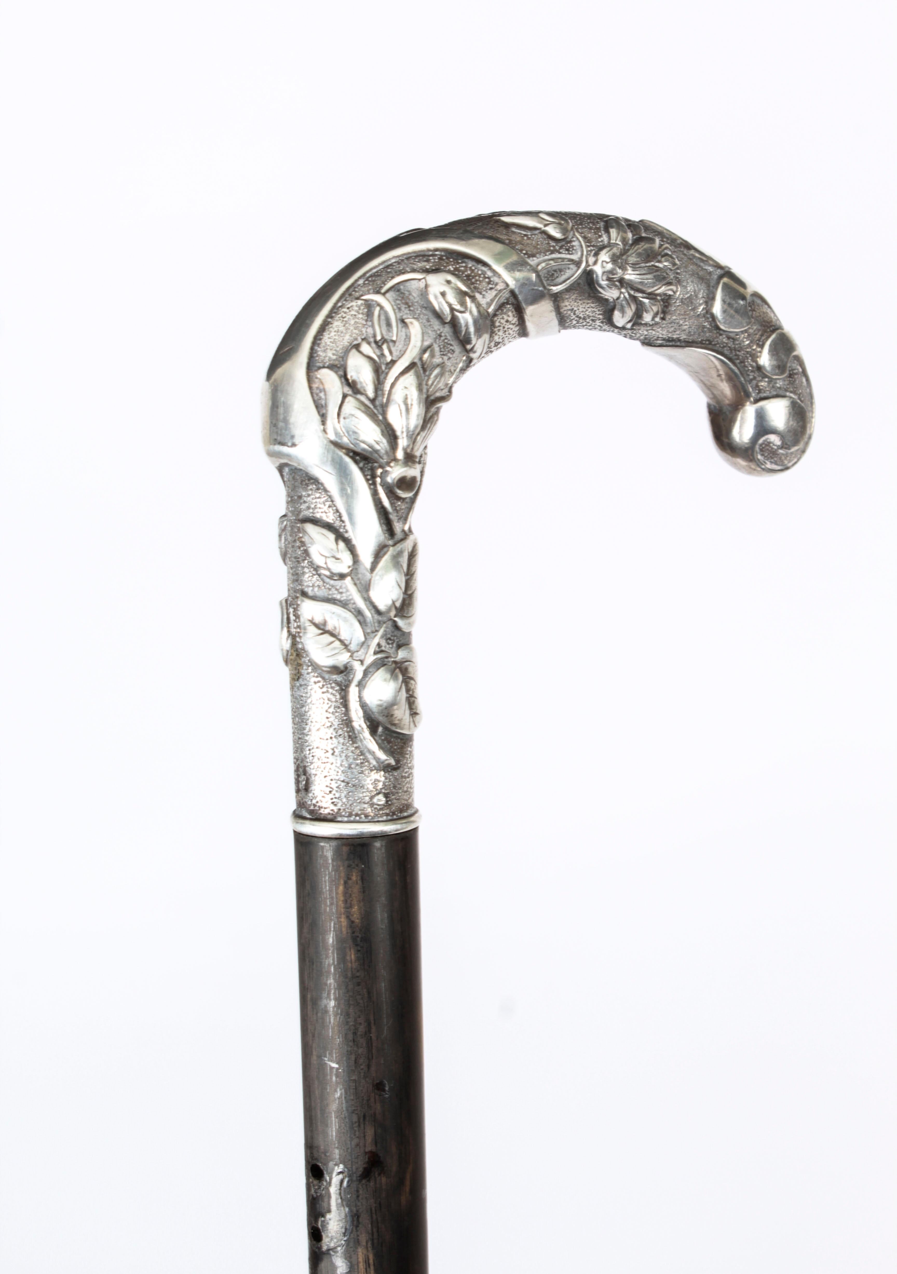 Antique French Art Noveau Silver Walking Cane Stick, 19th Century 3