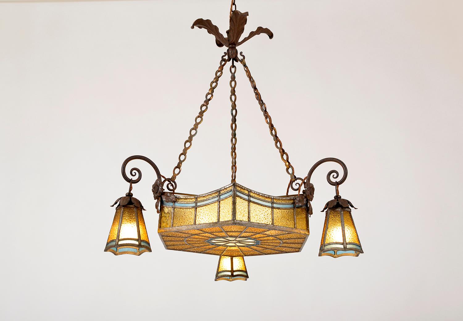 Arts and Crafts Antique French Arts & Crafts Leaded Stained Glass Hall Pendant Light Chandelier