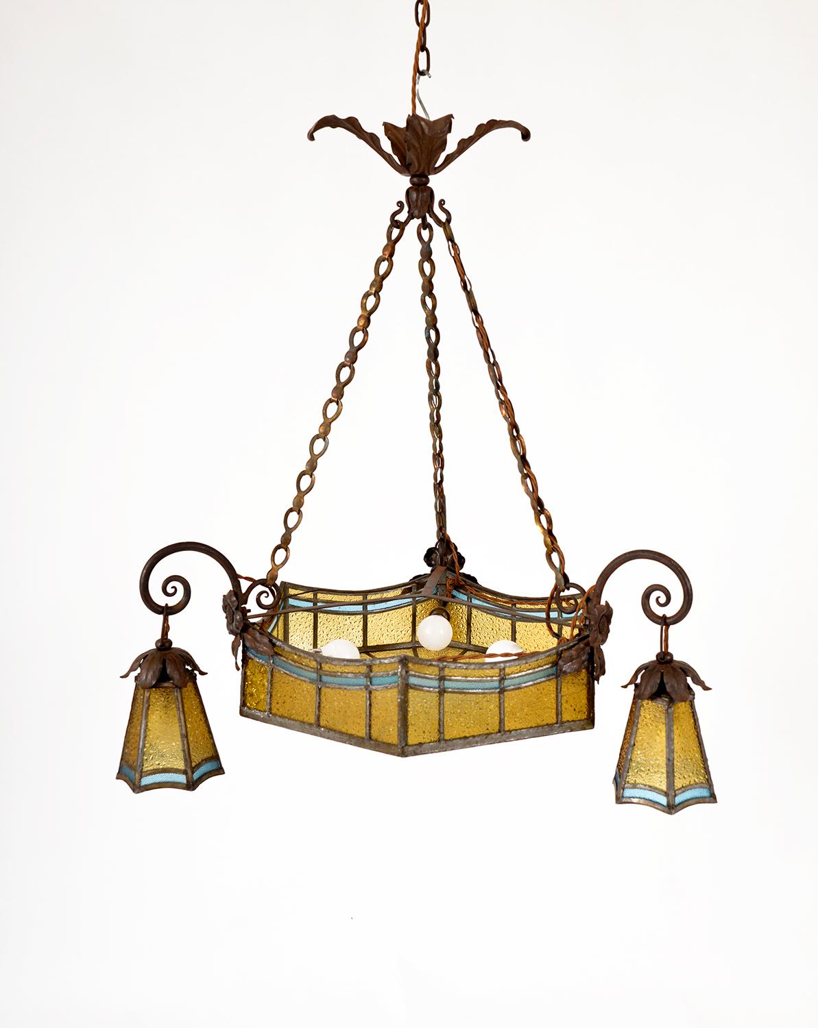 Forged Antique French Arts & Crafts Leaded Stained Glass Hall Pendant Light Chandelier