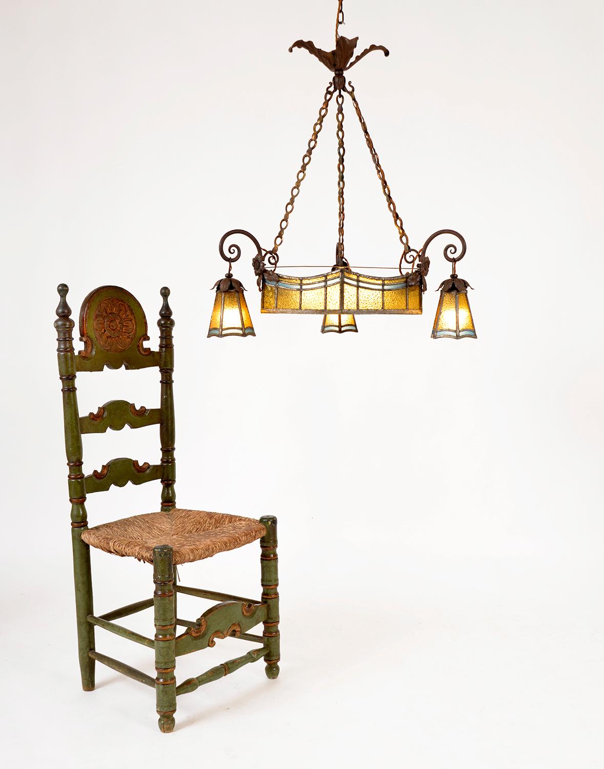 20th Century Antique French Arts & Crafts Leaded Stained Glass Hall Pendant Light Chandelier