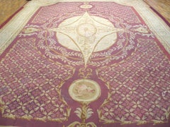1870s Rose Medallion Antique French Aubusson Carpet 13'4"x21' Flatweave Wool Rug