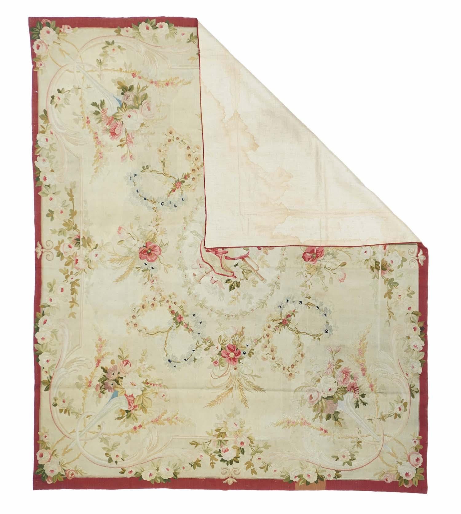 Aubusson is located to the southwest of Paris and has been weaving floor carpets and wall han gings, almost all in the tapestry, pileless technique, since the mioddle of the 18th century. Measures: 5'1'' x 6'2''.
This flatwoven rug or wall hanging