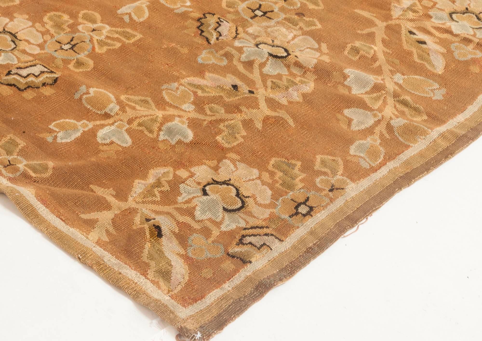 19th Century Antique French Aubusson Botanic Handmade Wool Rug For Sale