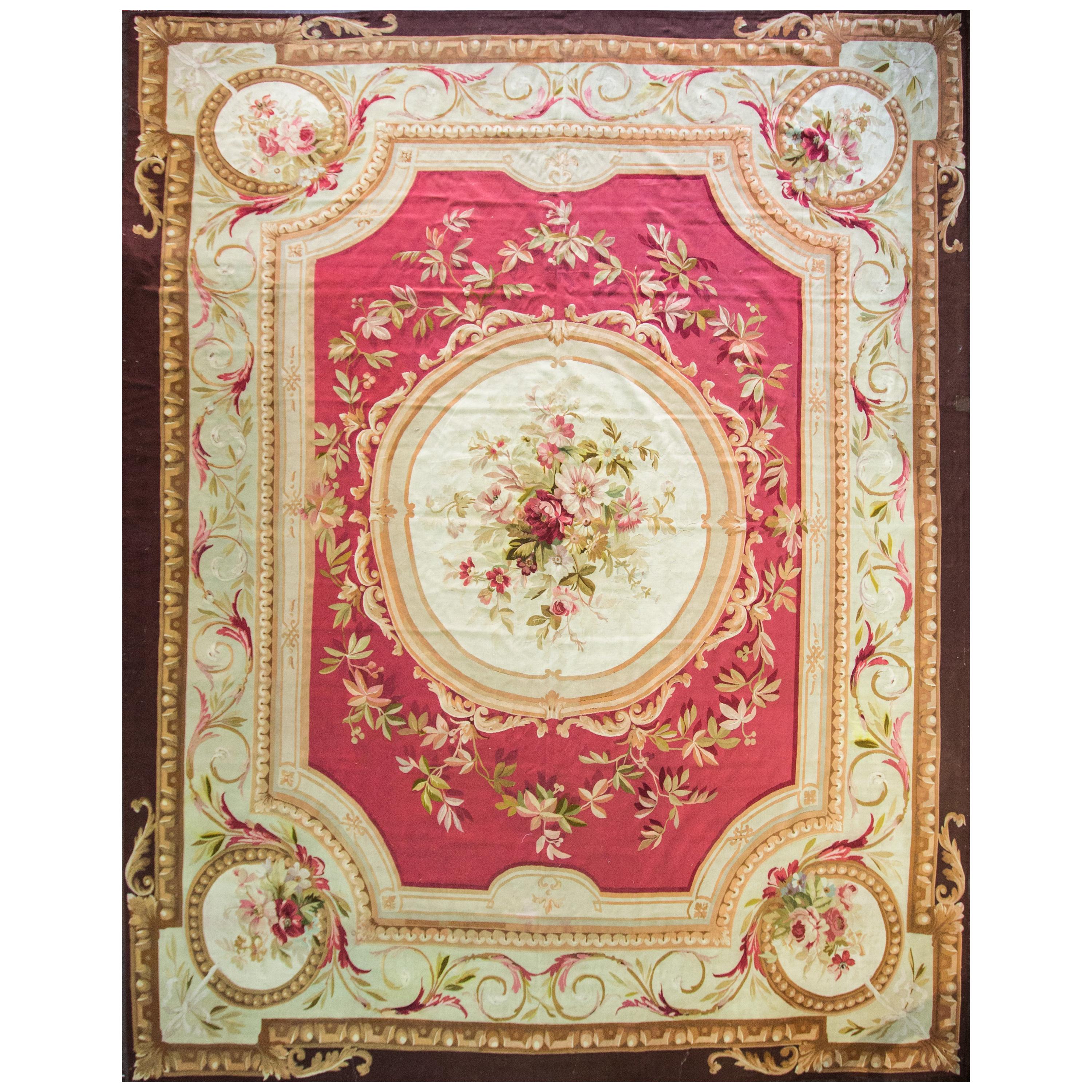 Antique French Aubusson Carpet 12'2" x 16', Fine Tapestry For Sale