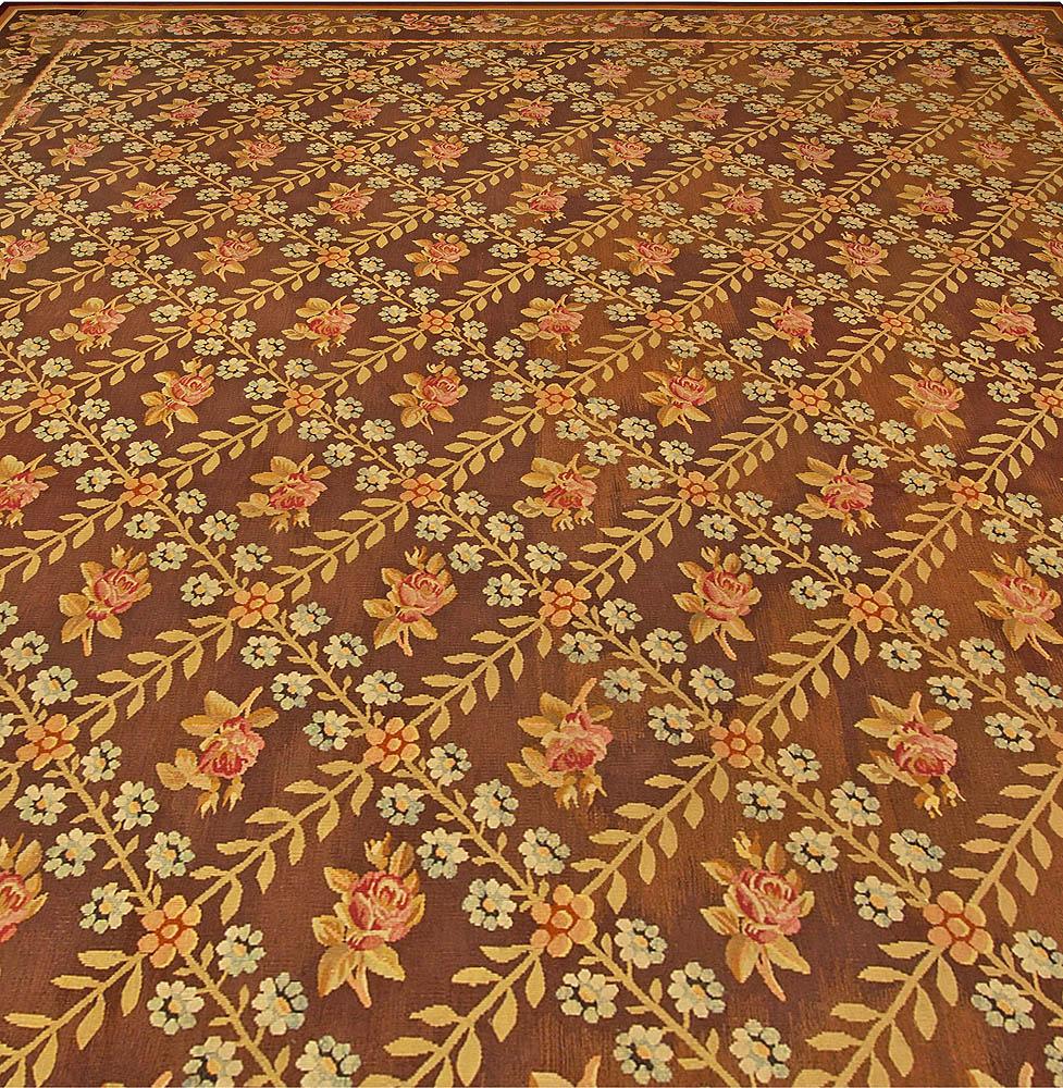 Antique French Aubusson Brown Botanic Handmade Wool Carpet 
Size: 12'10