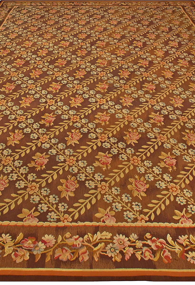 Hand-Knotted Antique French Aubusson Brown Botanic Handmade Wool Carpet For Sale