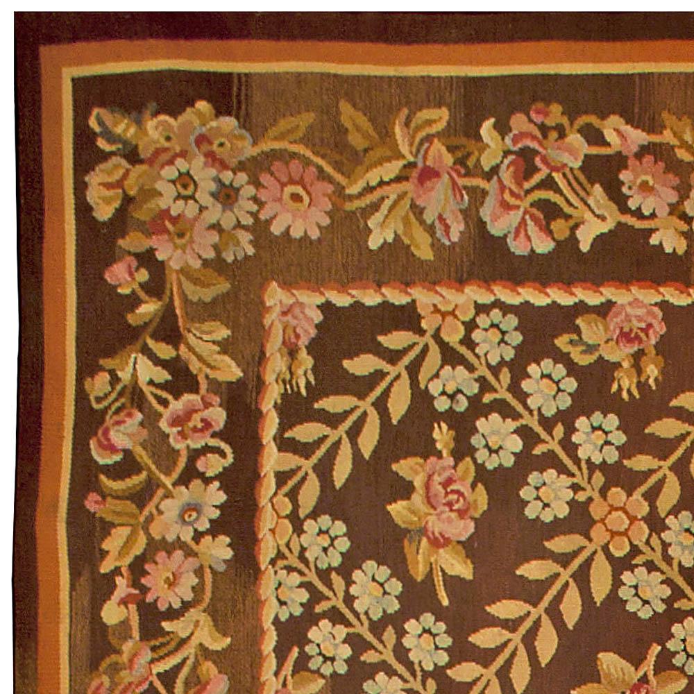 Antique French Aubusson Brown Botanic Handmade Wool Carpet In Good Condition For Sale In New York, NY