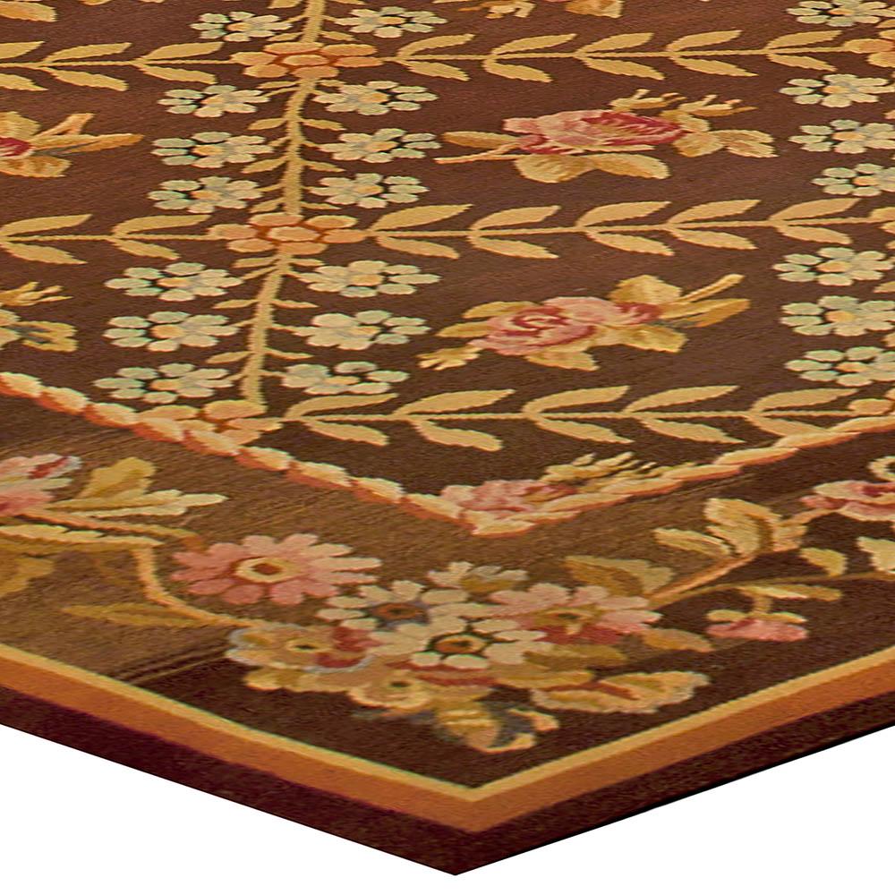 20th Century Antique French Aubusson Brown Botanic Handmade Wool Carpet For Sale
