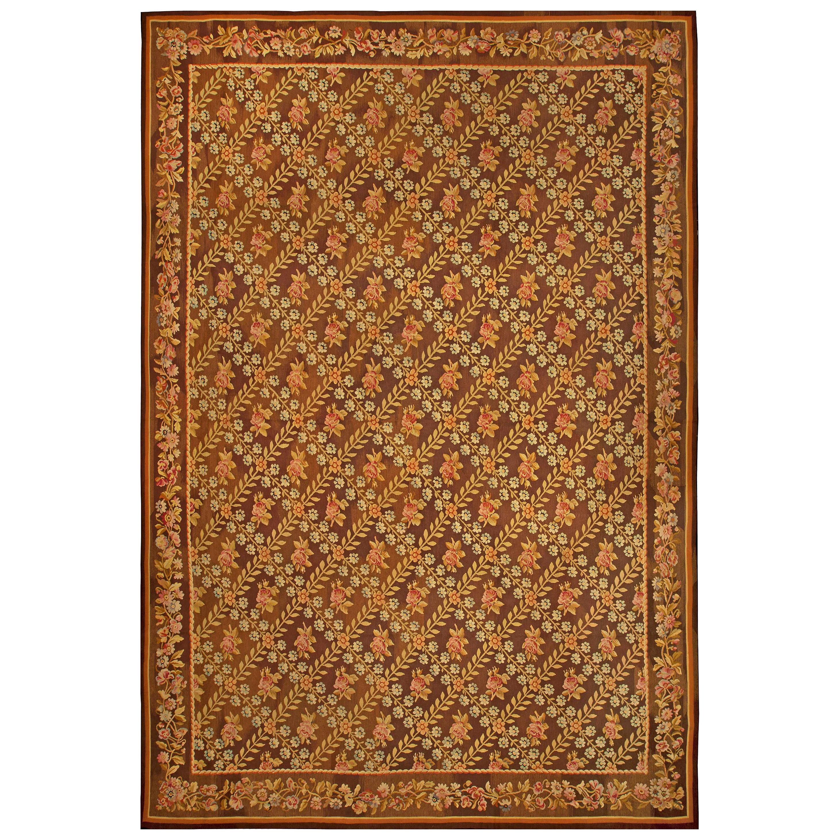Antique French Aubusson Brown Botanic Handmade Wool Carpet For Sale