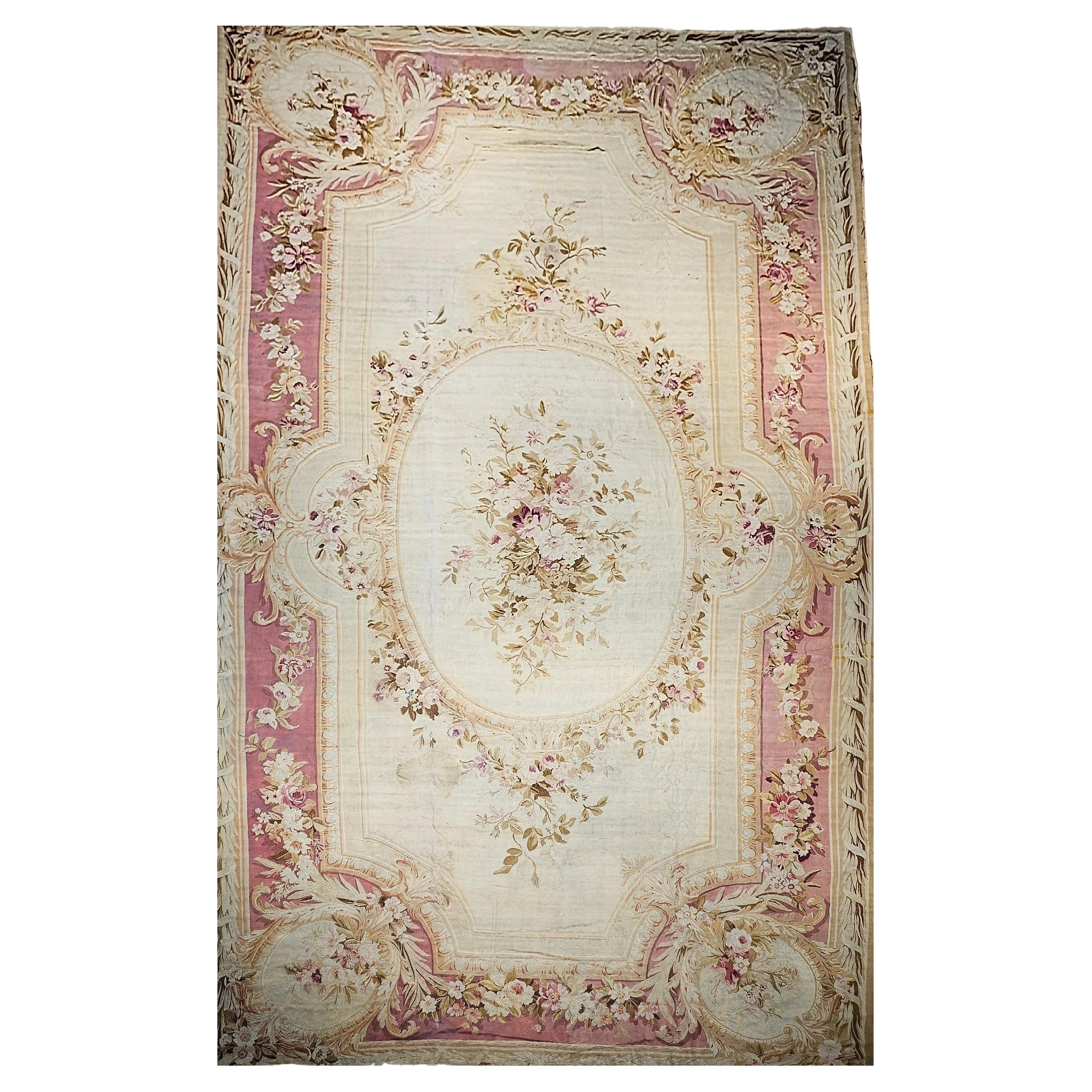 Antique French Aubusson Carpet, Handwoven Wool, Floral Design, 11' x 21'