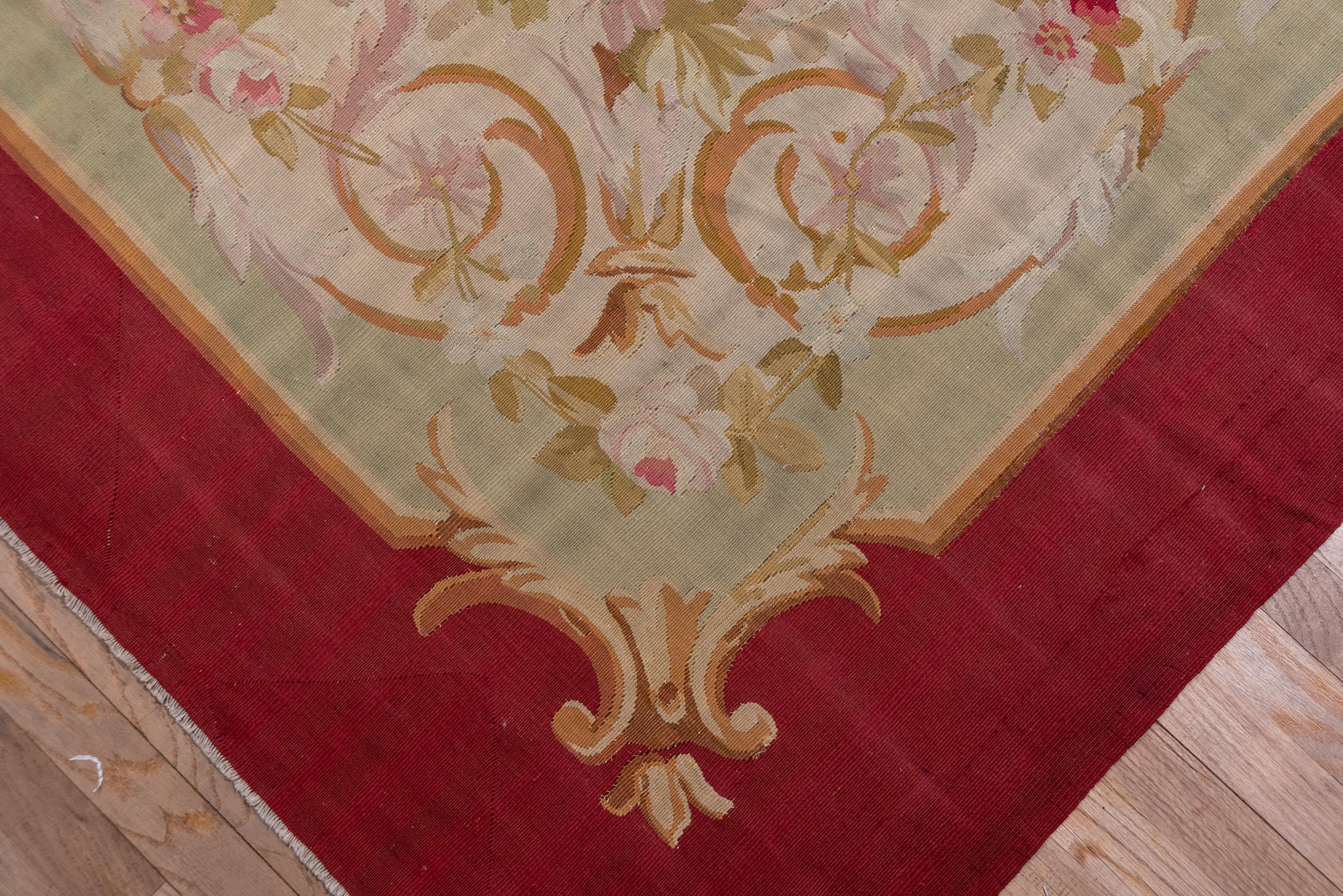 Antique French Aubusson Carpet, Ivory Field, Red Borders For Sale 8
