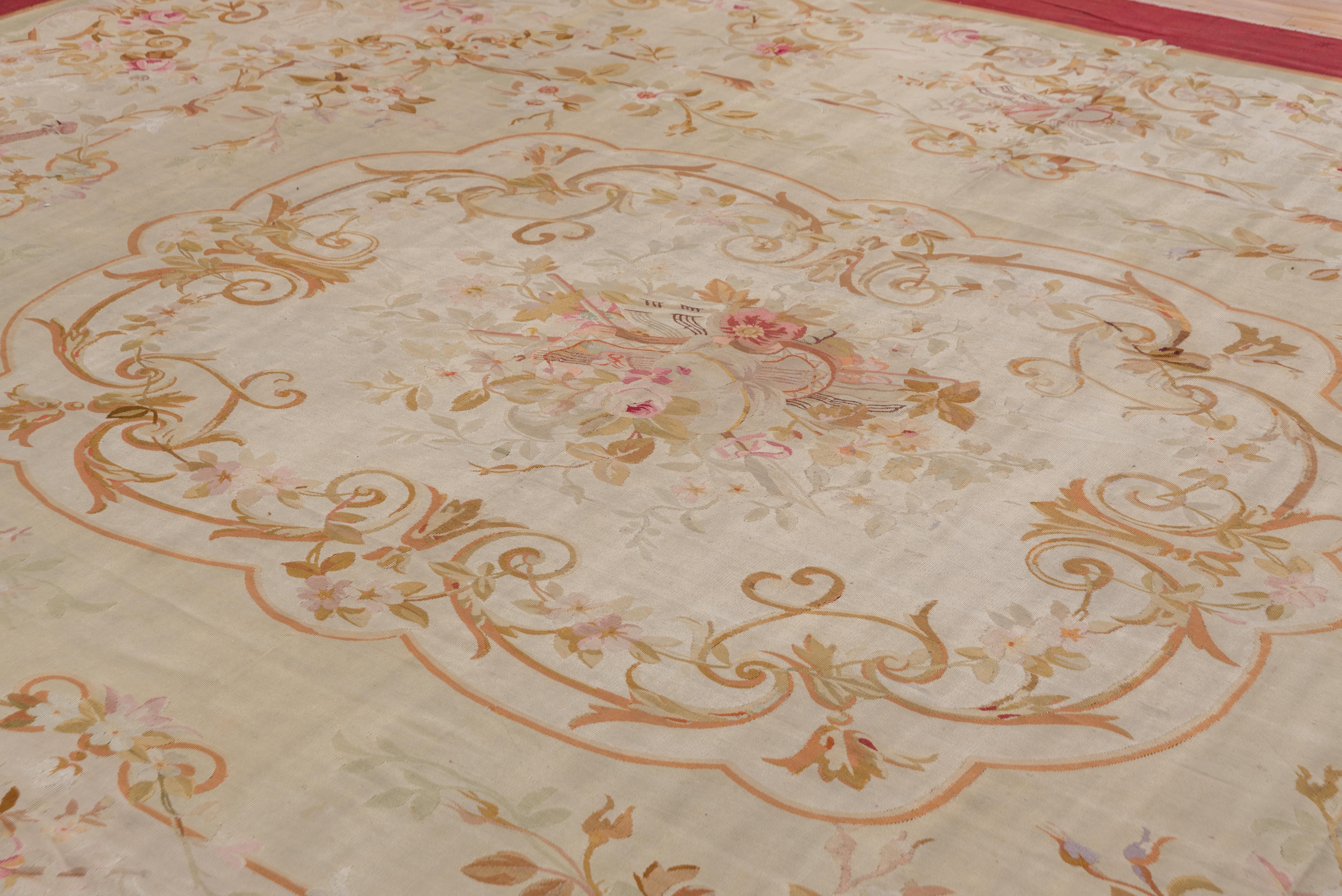 Antique French Aubusson Carpet, Ivory Field, Red Borders For Sale 9