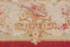 Antique French Aubusson Carpet, Ivory Field, Red Borders