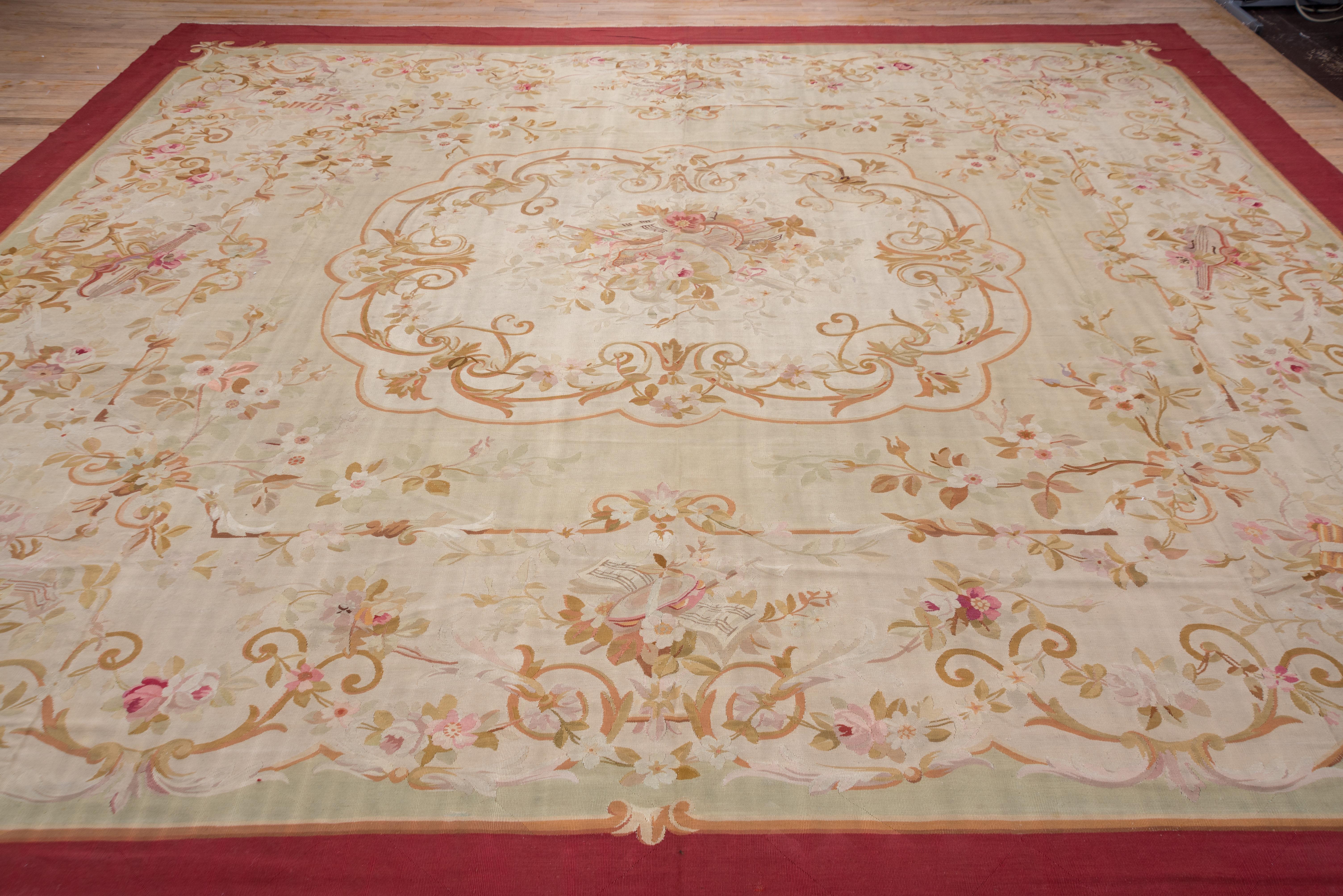 Early 20th Century Antique French Aubusson Carpet, Ivory Field, Red Borders For Sale
