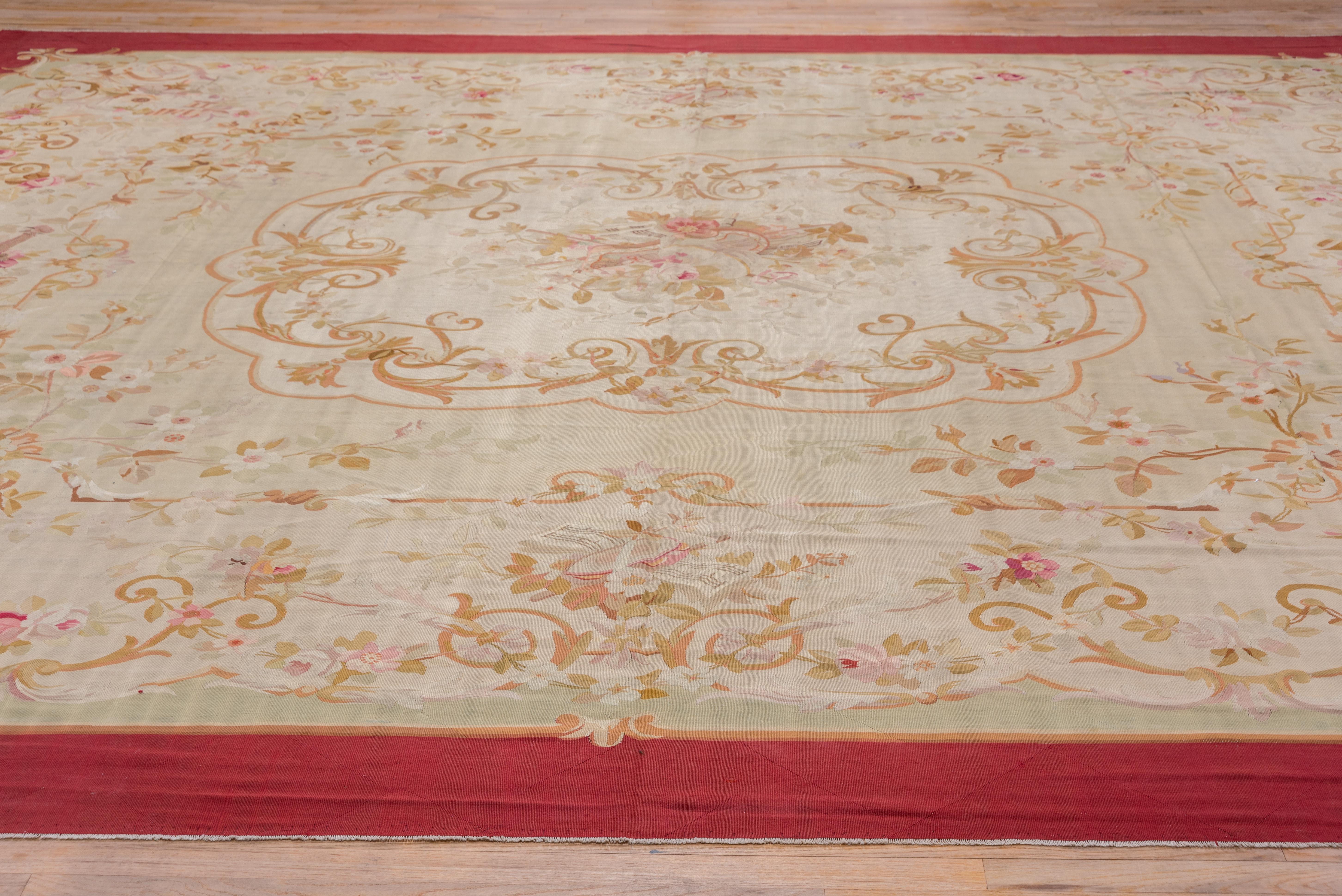 Wool Antique French Aubusson Carpet, Ivory Field, Red Borders For Sale