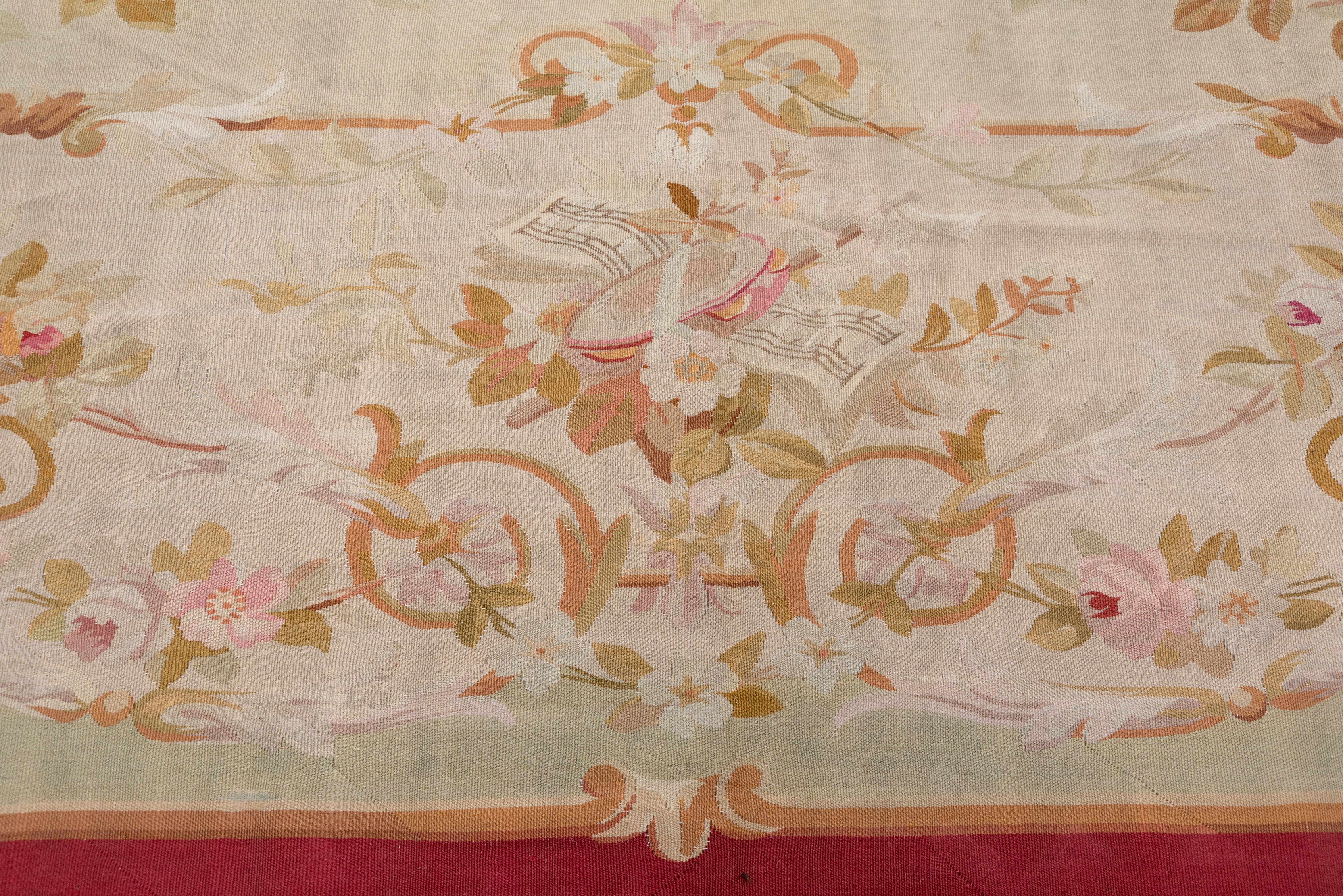 Antique French Aubusson Carpet, Ivory Field, Red Borders For Sale 1