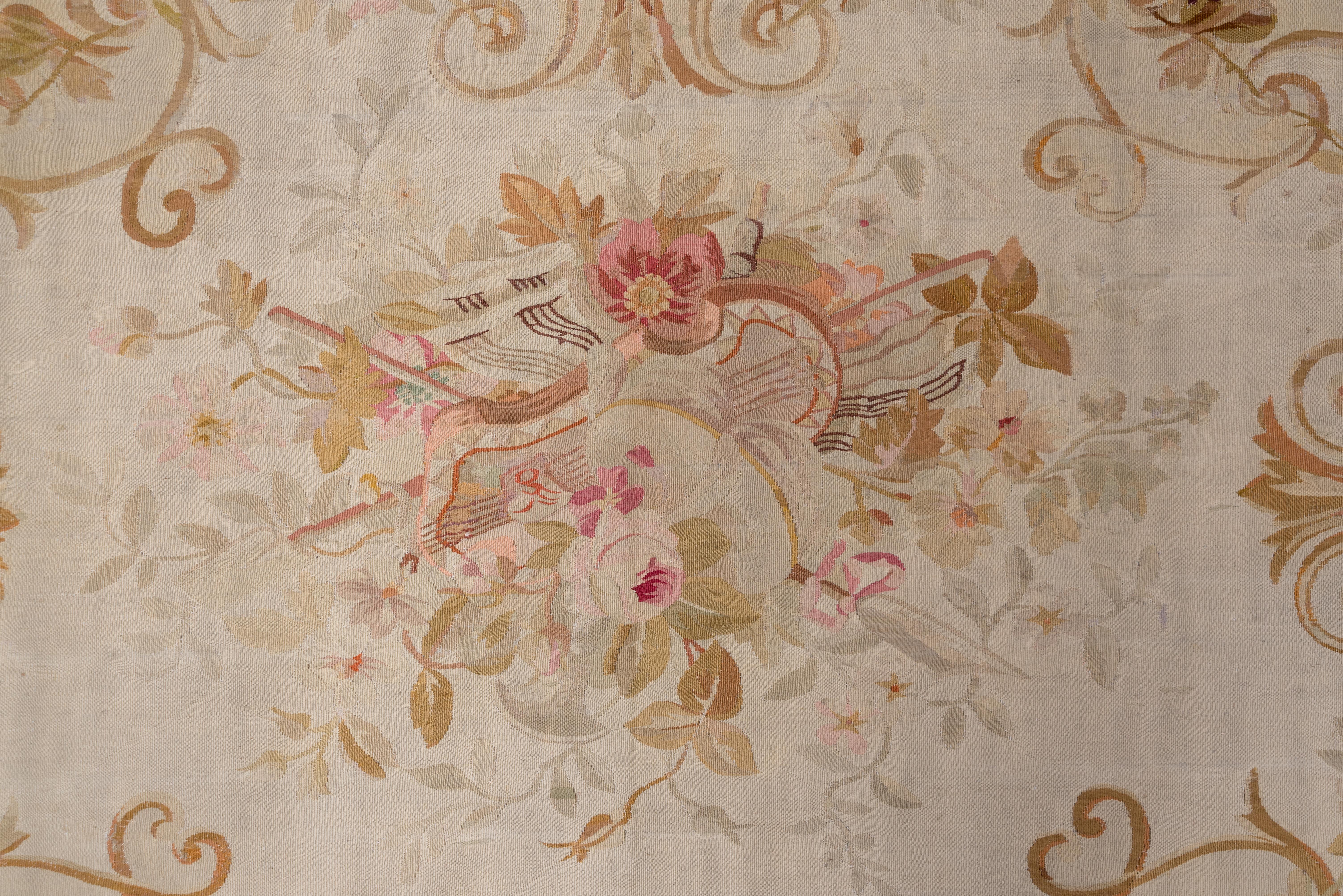 Antique French Aubusson Carpet, Ivory Field, Red Borders For Sale 2