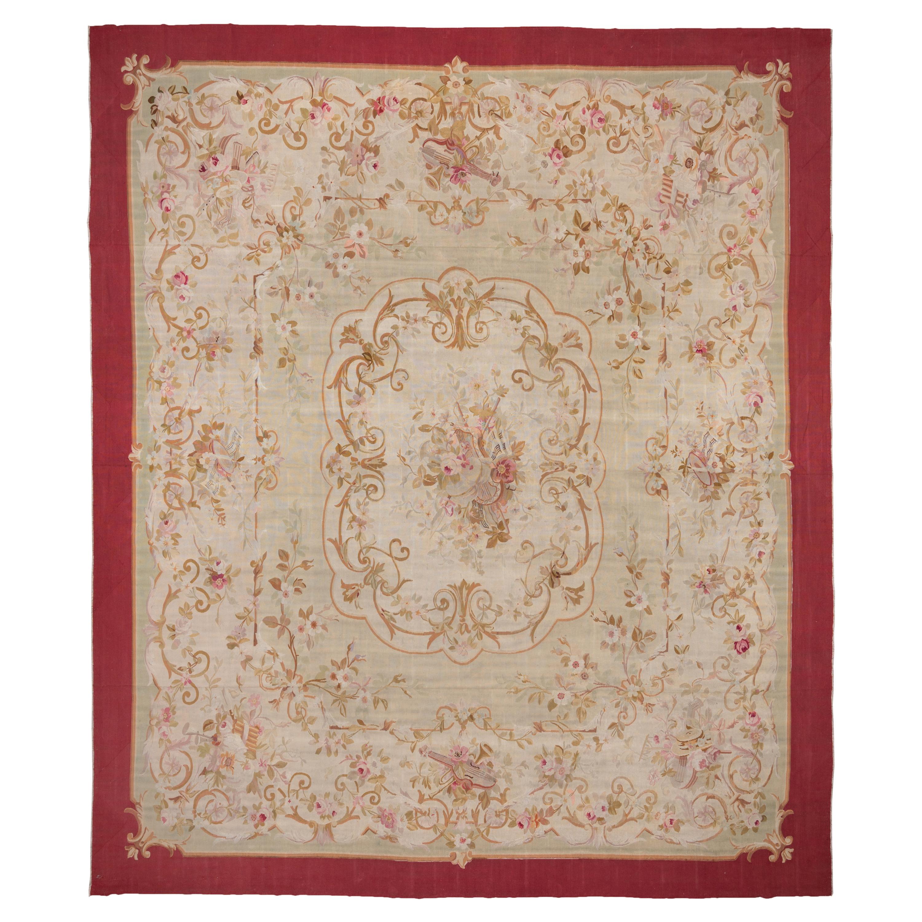 Antique French Aubusson Carpet, Ivory Field, Red Borders For Sale