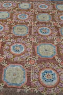 Antique French Aubusson Carpet with a Repeating Blue and Gold Medallion Pattern