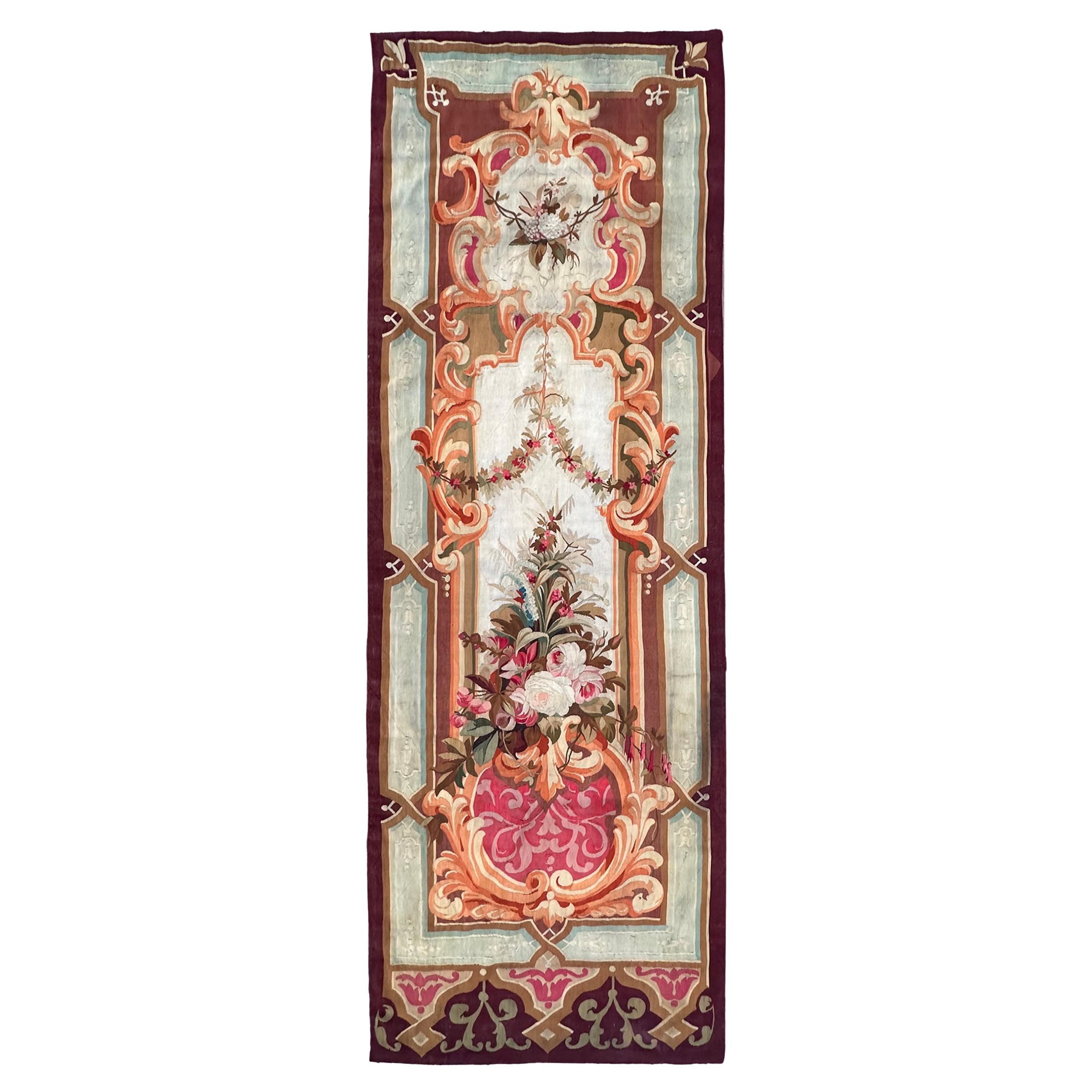 Antique French Aubusson Fine Tapestry 94×282 cm Floral Rococo Panel 3×10 c.1890