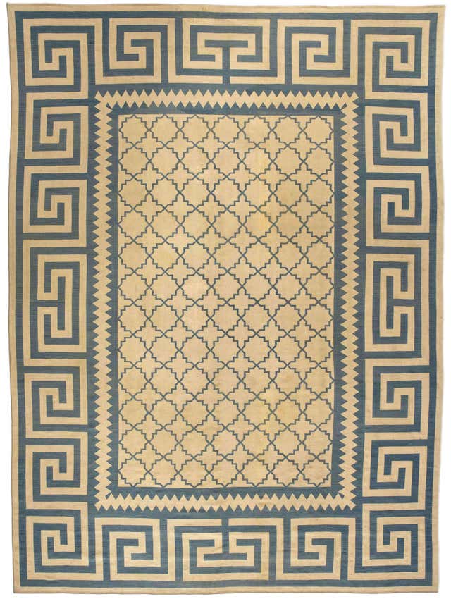 Modern Handmade Blue Greek Key Pattern Beige Oversize Wool Rug For Sale ...