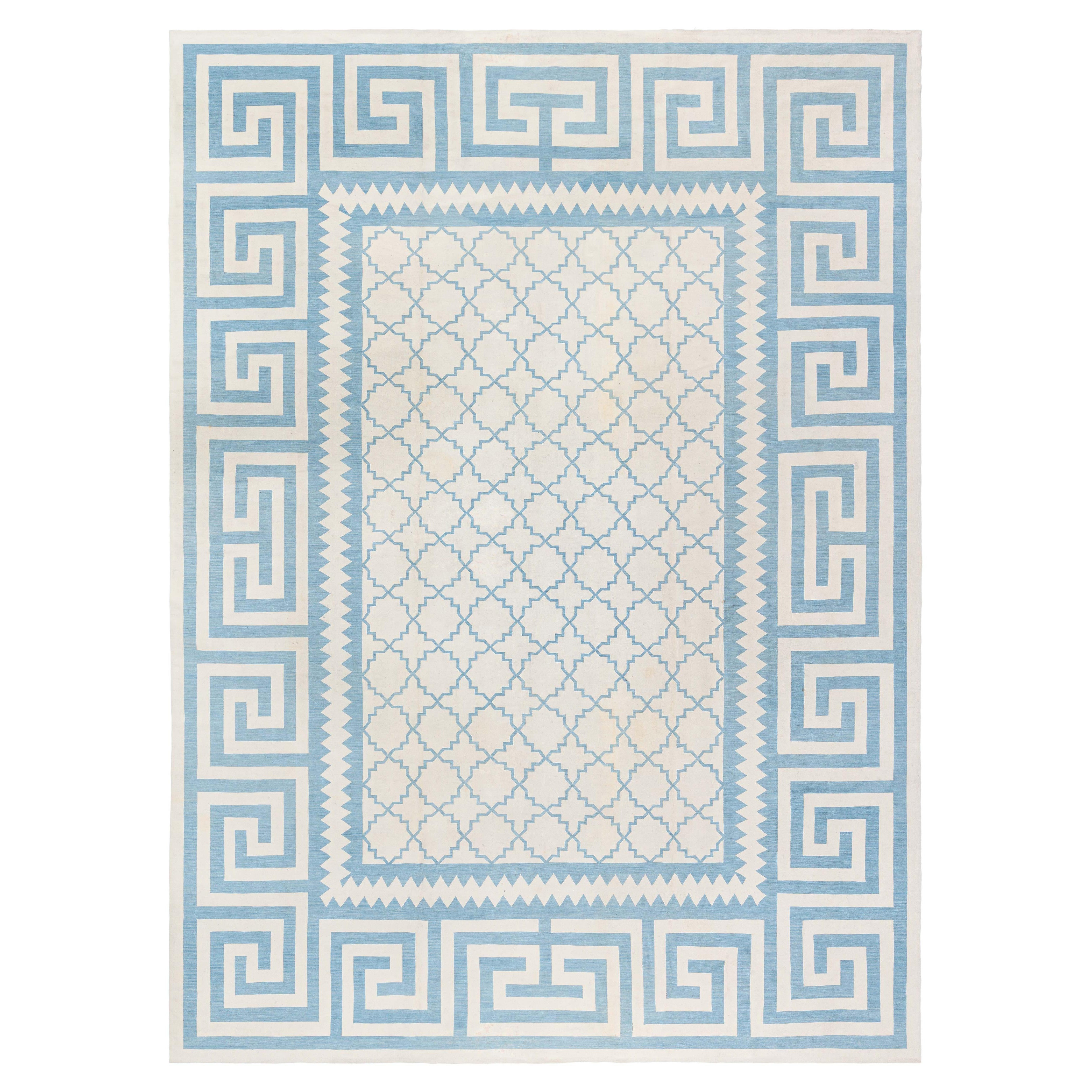 Antique French Aubusson Geometrisch Wolle Doris Leslie Blau im Angebot