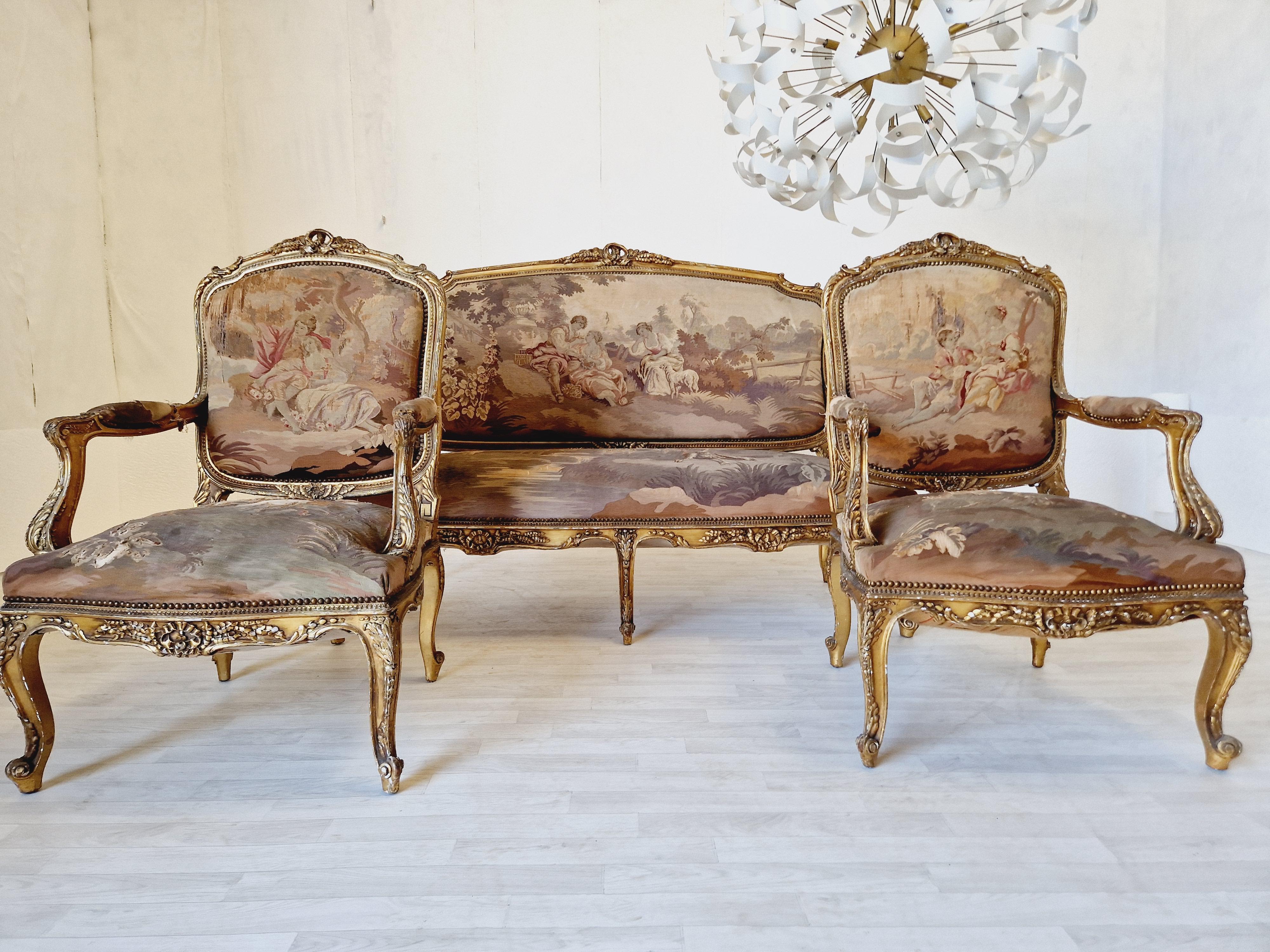 Antique French Aubusson Living Room Set Louis XV  For Sale 5