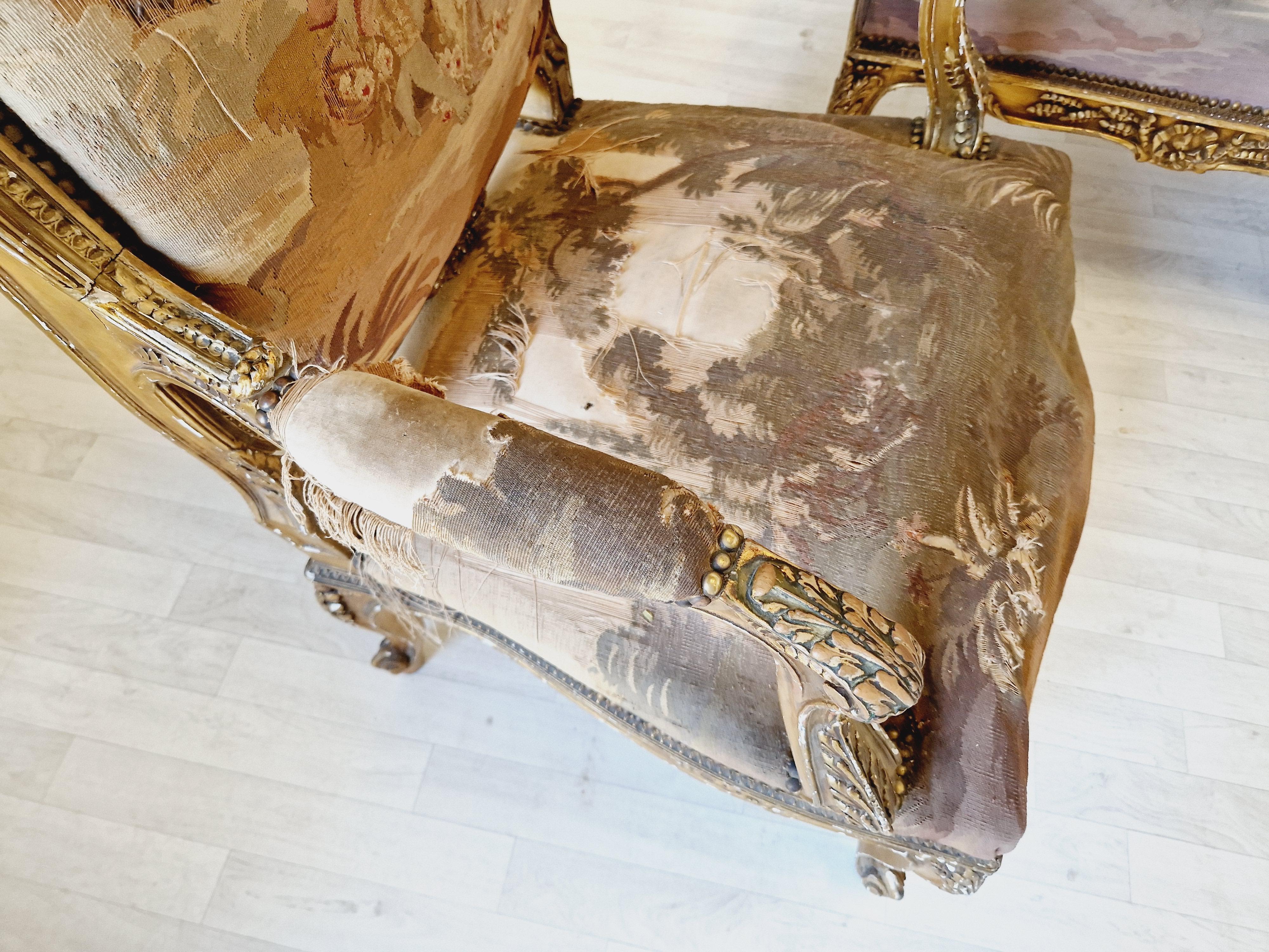 
We are delighted to offer for sale, this exquisite French Aubusson salon set is a stunning piece of antique furniture that will add elegance and charm to any room. The set includes a Louis XV giltwood sofa and a pair of armchairs, upholstered with