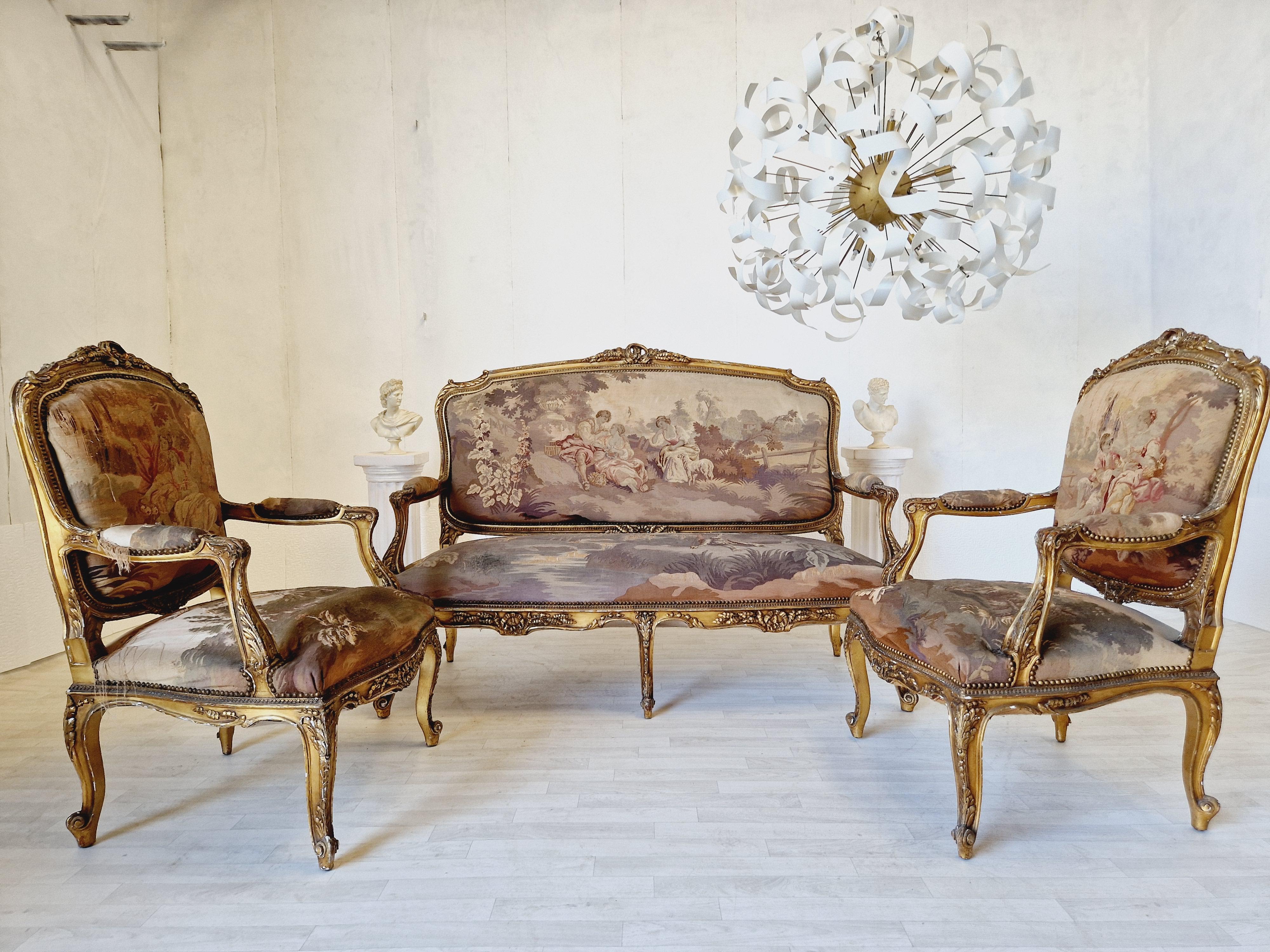 Giltwood Antique French Aubusson Living Room Set Louis XV  For Sale