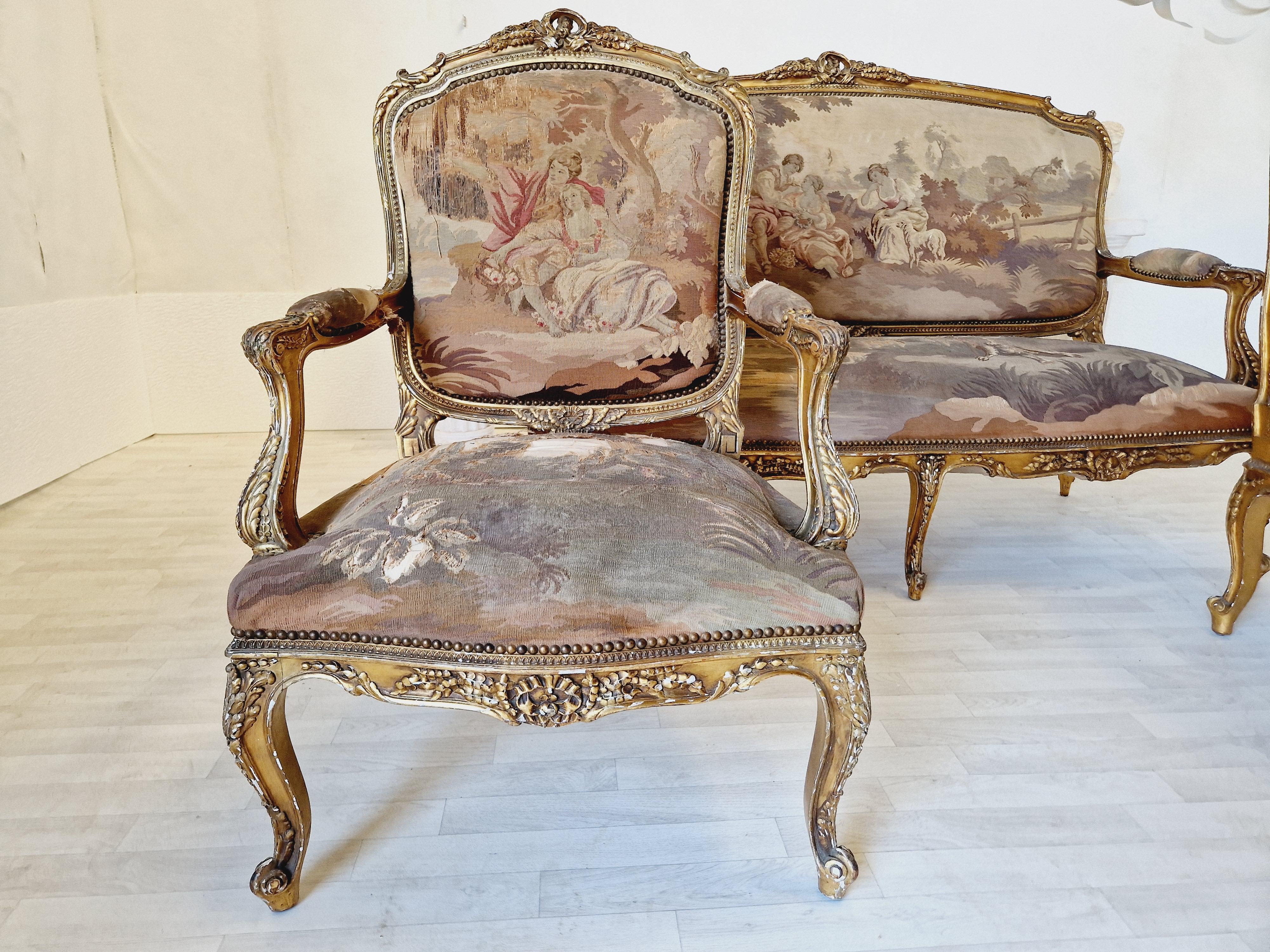 Antique French Aubusson Living Room Set Louis XV  For Sale 3