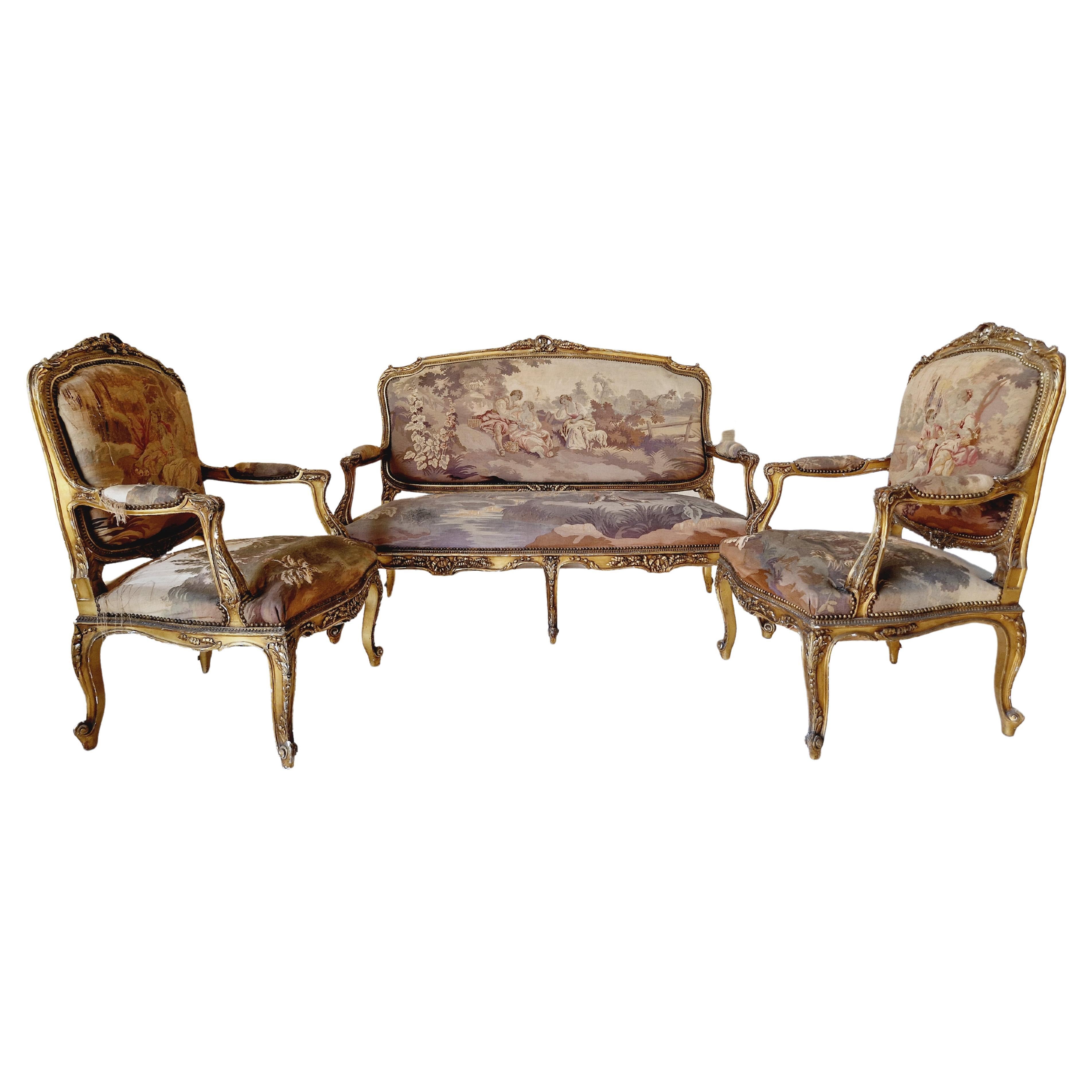 Antique French Aubusson Living Room Set Louis XV  For Sale