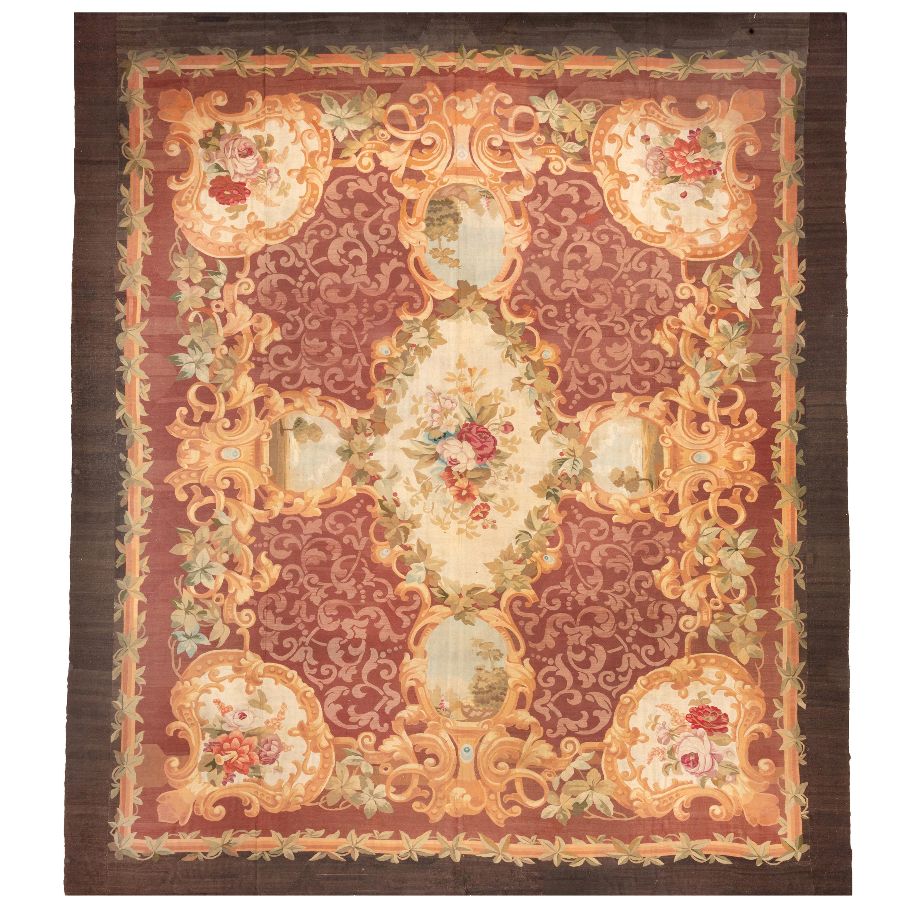 Antique French Aubusson Mansion Carpet, Dark Brown Border, Second Empire