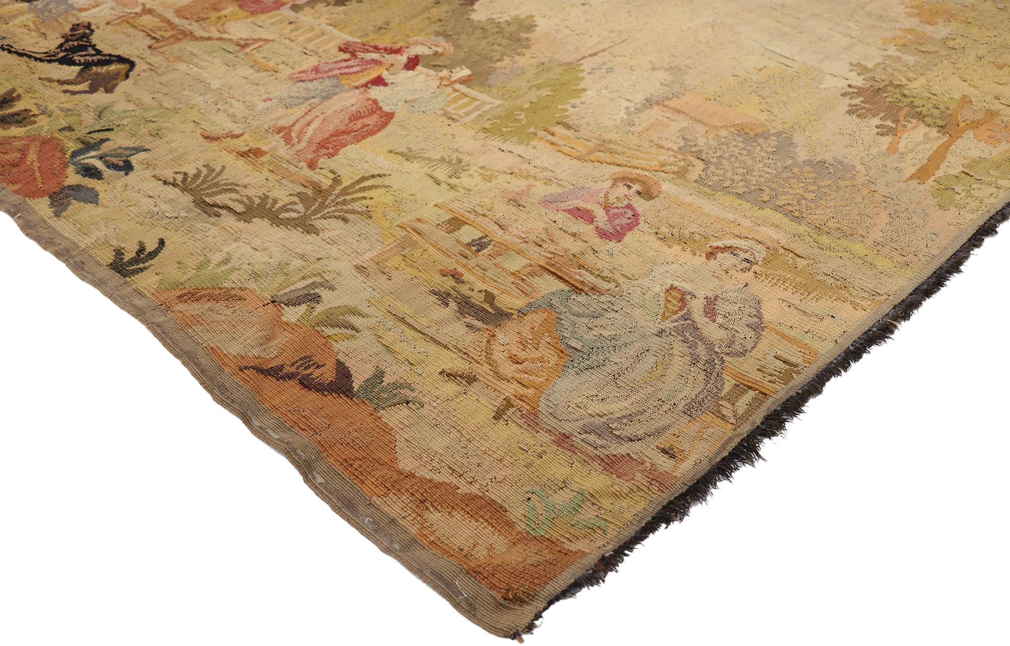 77763, antique French Aubusson pastoral tapestry with Louis XV style, La Danse. Drawing inspiration from Jacques-Nicolas Juillard, Jean-Baptiste Huet, and François Boucher, this hand-woven antique French Aubusson pastoral tapestry beautifully