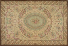 Antique French Aubusson Petit-Point Rug with Oval Floral Medallion - Rug & Kilim