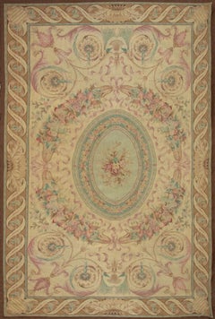 Antique French Aubusson Petit-Point Rug with Oval Floral Medallion - Rug & Kilim