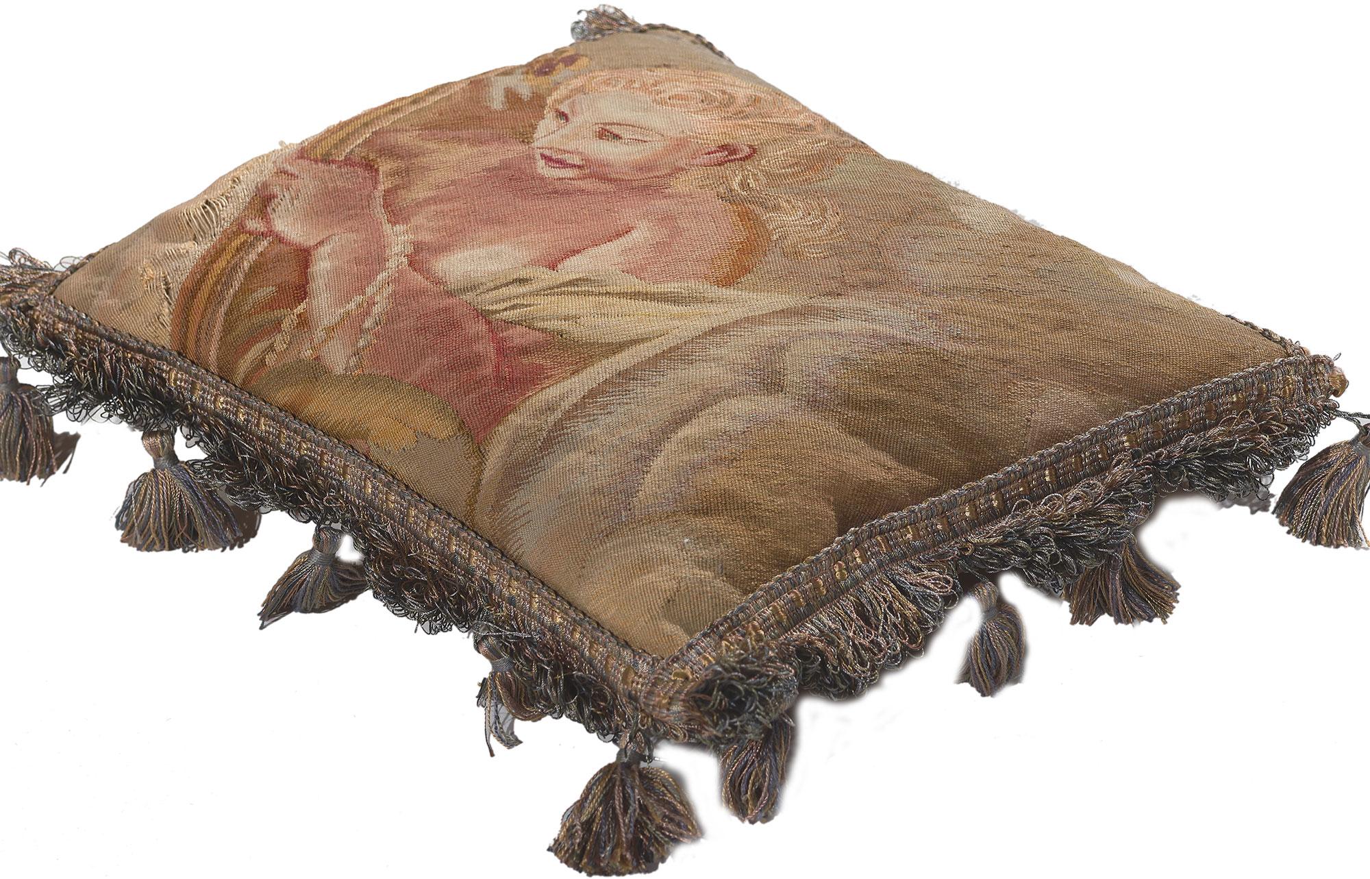 78617 Antique French Aubusson Pillow, 01'01 x 00'11. Reflecting elements of Greco-Roman mythology with meticulous details and texture, this handwoven antique French Aubusson pillow is a captivating vision of woven beauty. The visage de femme