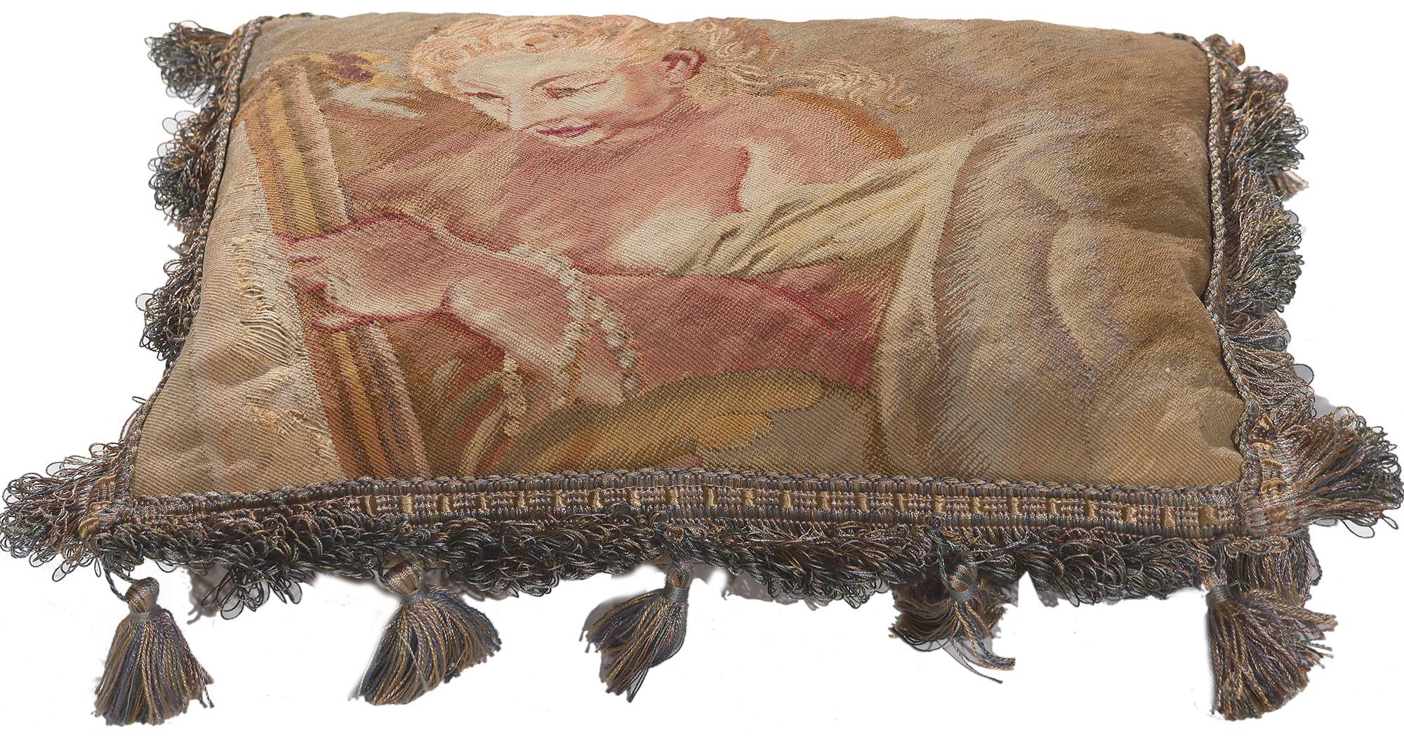 Hand-Woven Antique French Aubusson Pillow with Baroque Style, Visage de Femme Aphrodite  For Sale