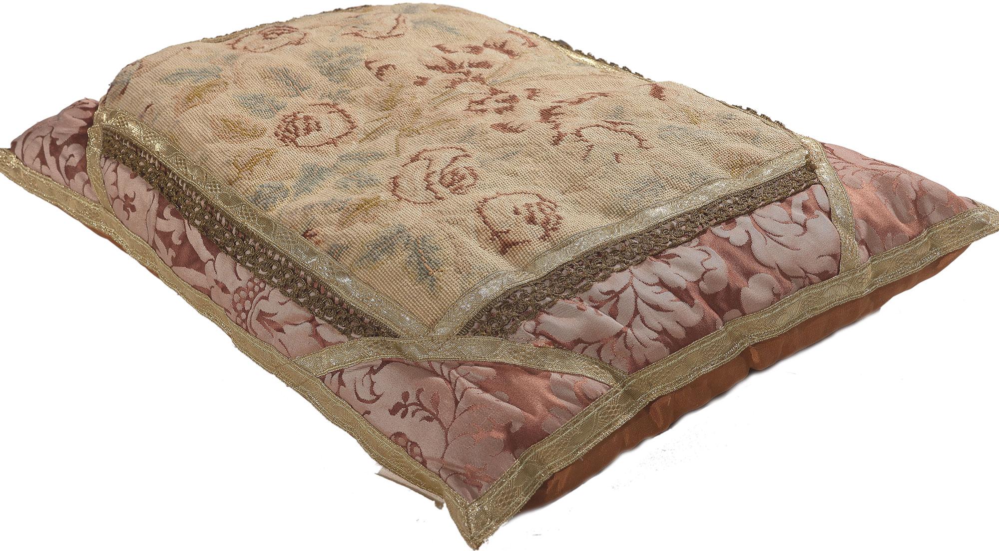 78621 Antique French Aubusson Pillow, 02'00 x 01'05.
Emulating French Romanticism with incredible detail and texture, this handwoven antique Aubusson pillow is a captivating vision of woven beauty. The intricate rose design and soft earthy colors
