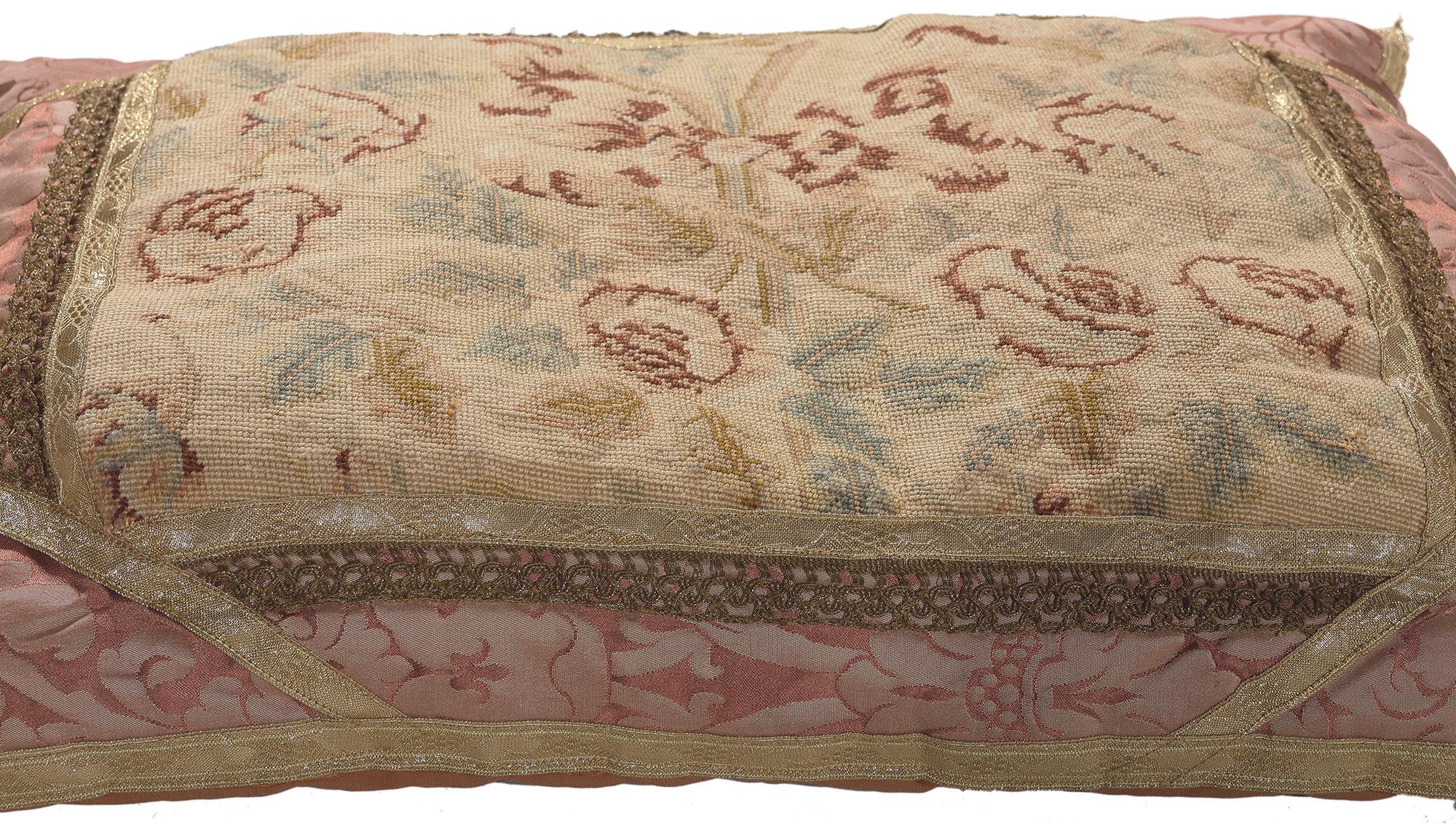Antique French Aubusson Pillow with Needlepoint Tapestry In Distressed Condition For Sale In Dallas, TX