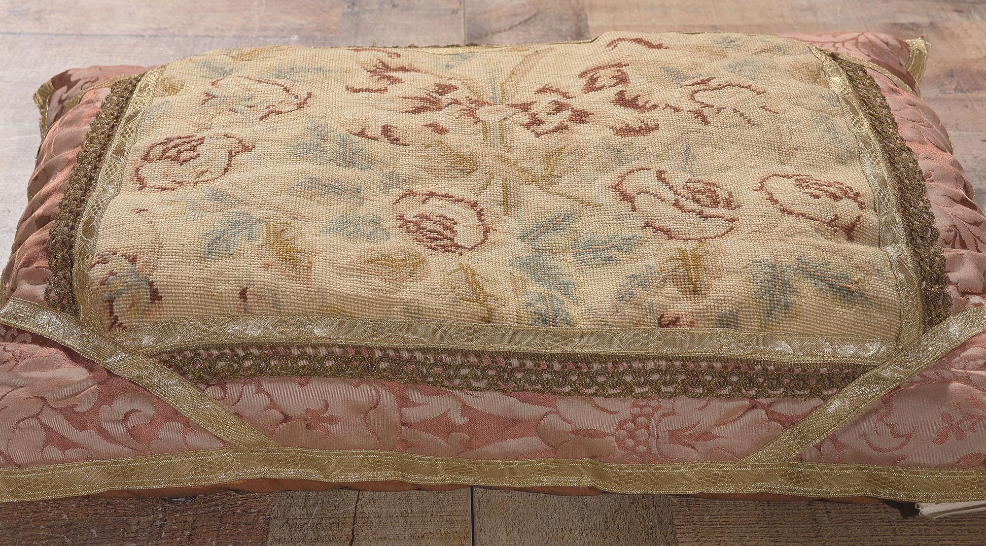 Antique French Aubusson Pillow with Needlepoint Tapestry For Sale 2